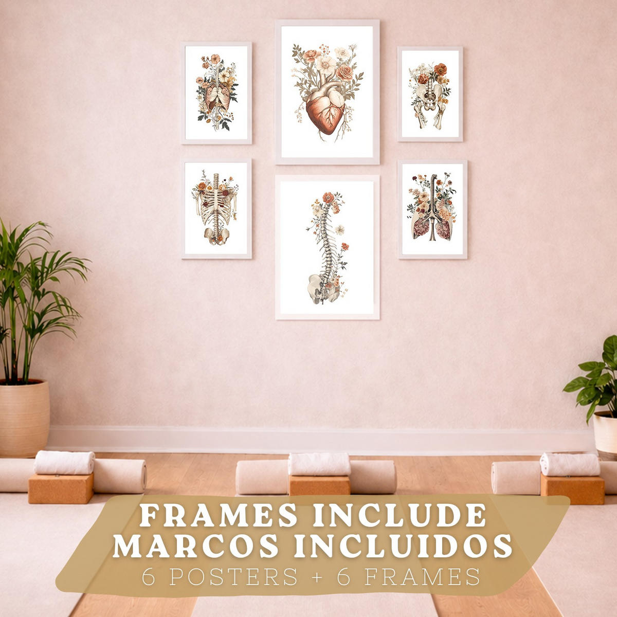 POSTER Set aus 6 Anatomie Mensch Florale Aquarell Drucke und mit Gehirn Lungen Skelett Nieren und Organen Botanische Größe Weißer Rahmen A3 & A4 - Weiß, Papier (21/29.7/3cm) - Nacnic