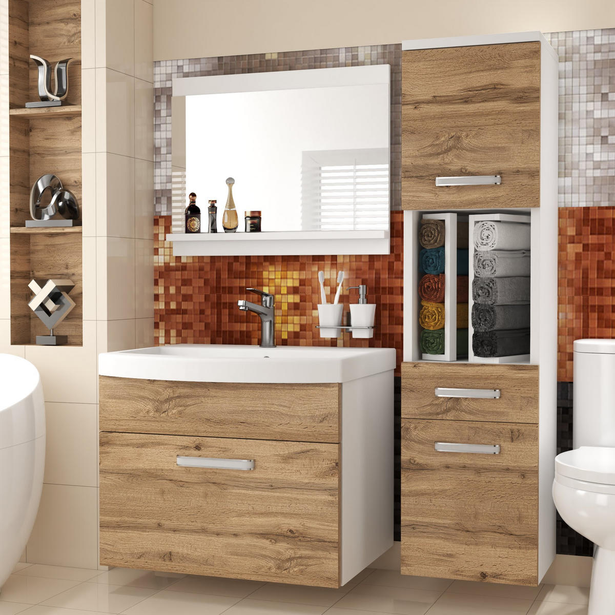 BADMÖBEL Badezimmer SET PRI M3, Goldbraun Matt, 90 cm - Braun, Holz (38.7/113.5/90cm) - B BELINI GROUP