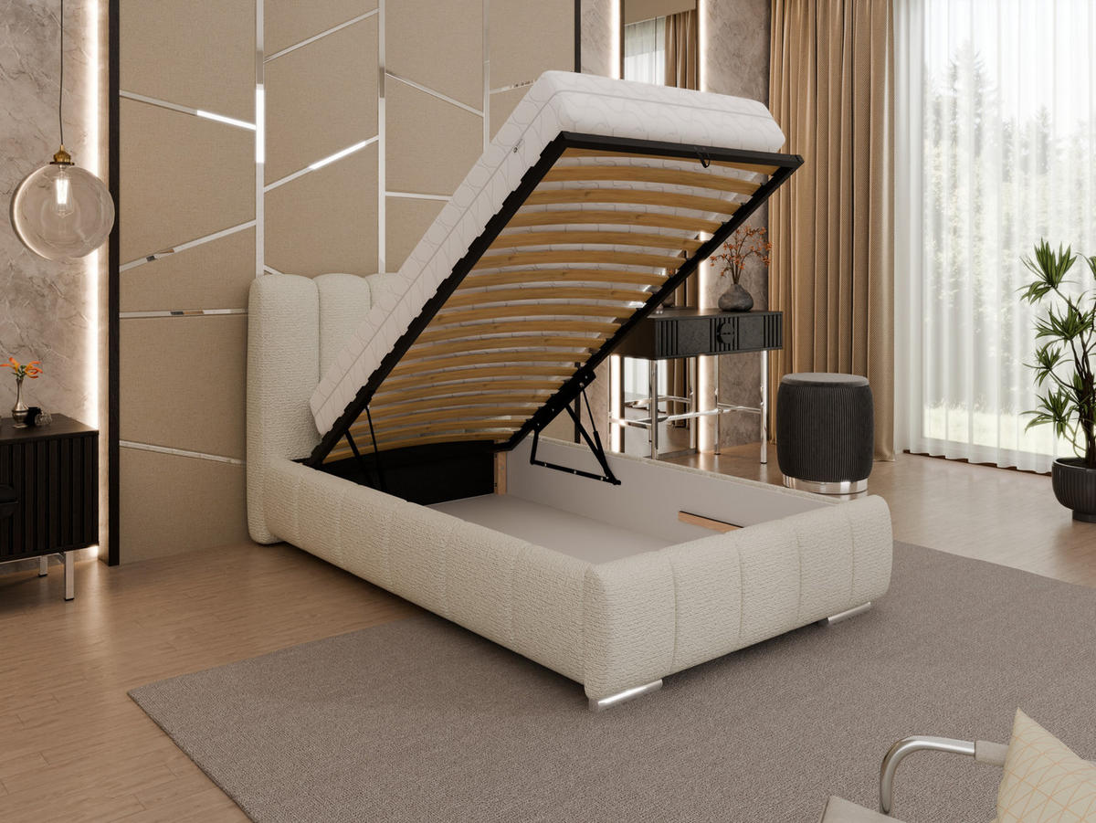 POLSTERBETT Zaira 100x200cm – Elegantes Polsterbett für modernen Wohnstil , Taschenfederkernmatratze Pocket (19cm), creme - Creme, Holz (100/200cm) - Panda Möbel