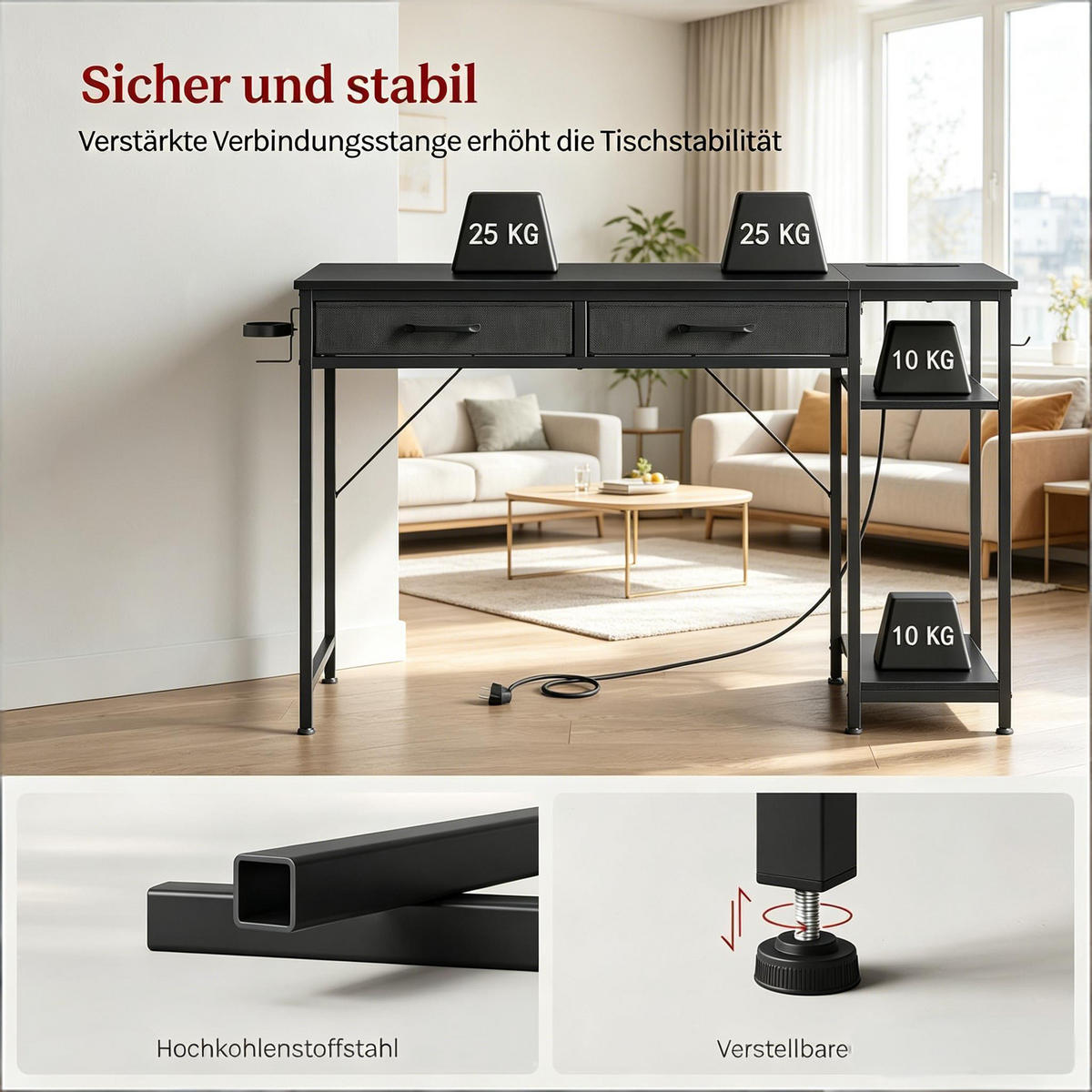 GAMINGTISCH Schwarz 120/51/75 cm mit Stromanschluss USB Typ-C und Stoffschubladen - Schwarz, Holzwerkstoff (51/120/75cm) - PANGIVO