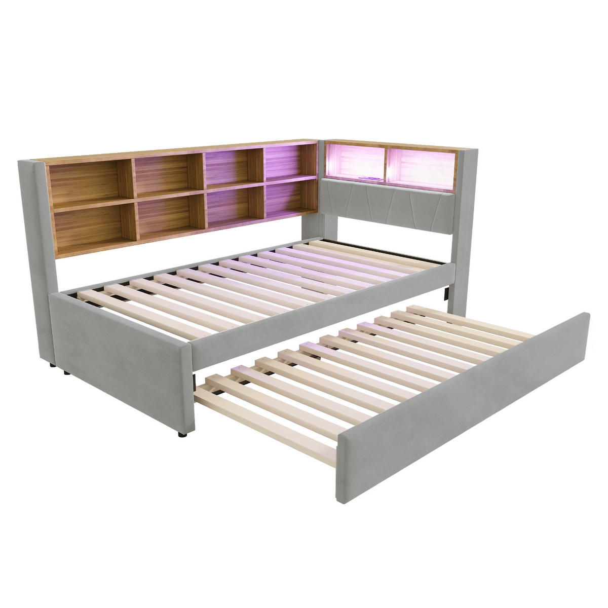 AUSZIEHBETT 90/200 cm LED-Beleuchtung und multifunktionalen Ladeanschlüssen Flanell Hellgrau - Hellgrau, Textil (90/200cm) - OKWISH