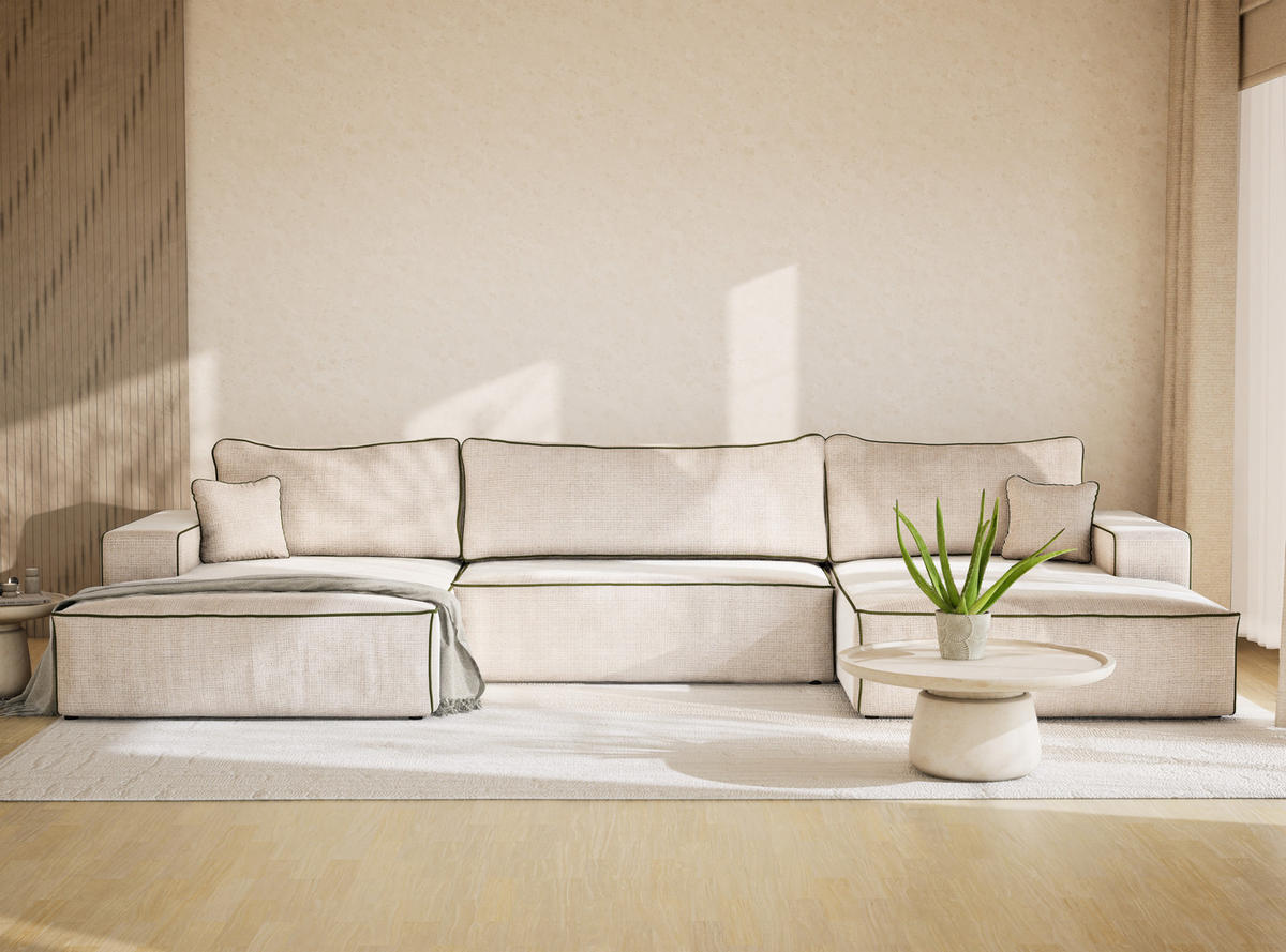 WOHNLANDSCHAFT Deseo Creme-Olivgrün Chenille-Stoff - Creme/Schwarz, Holz/Holzwerkstoff (398/70/148cm) - Maison de Reve