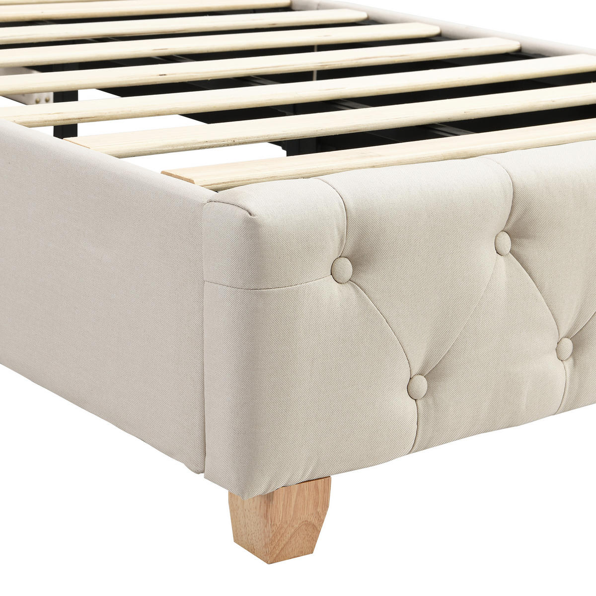 POLSTERBETT 90/200 cm Beige Leinen mit Knopf-Tufting und Lattenrost - Beige, Textil (90/200cm) - OKWISH