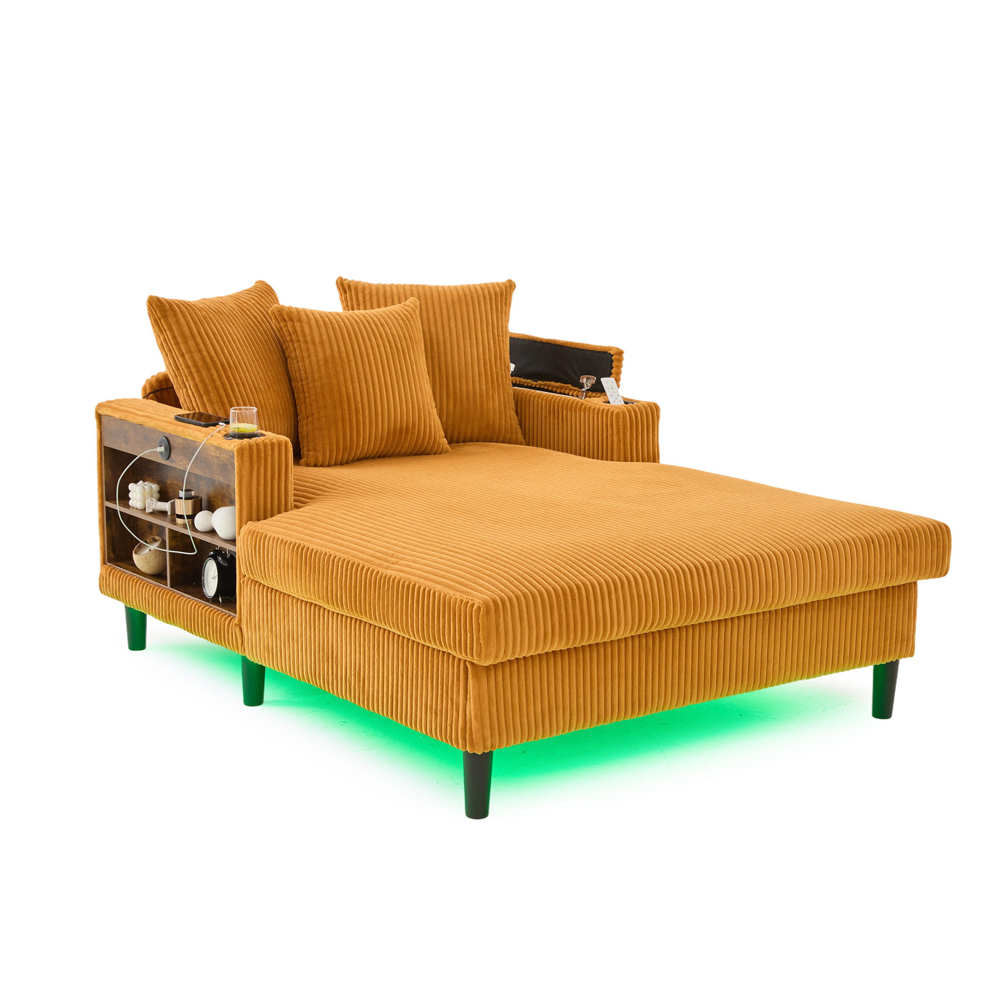 CHAISELONGUE 129/170/70 cm aus Cord mit LED-Beleuchtung, USB-Anschluss, Stauraum und Becherhaltern, Senfgelb - Gelb, Textil (170/70/129cm) - Redom
