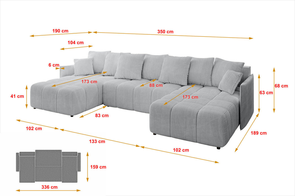 WOHNLANDSCHAFT LONLI-U 355x189x68 Grau Cord - Grau, Holzwerkstoff/Kunststoff (350/68/190cm) - ALTDECOR