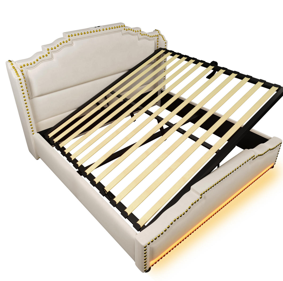 POLSTERBETT 140/200 cm Beige mit hydraulischem Stauraum und LED-Beleuchtung - Beige, Textil (140/200cm) - OKWISH