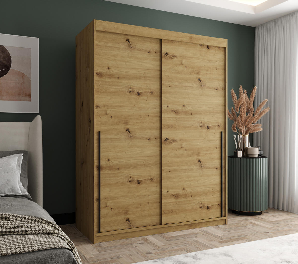 SCHIEBETÜRENSCHRANK 150 cm Breite Artisan mit schwarzem Griff - Schwarz/Eiche Artisan, Holzwerkstoff (150/200/62cm) - Home Collective