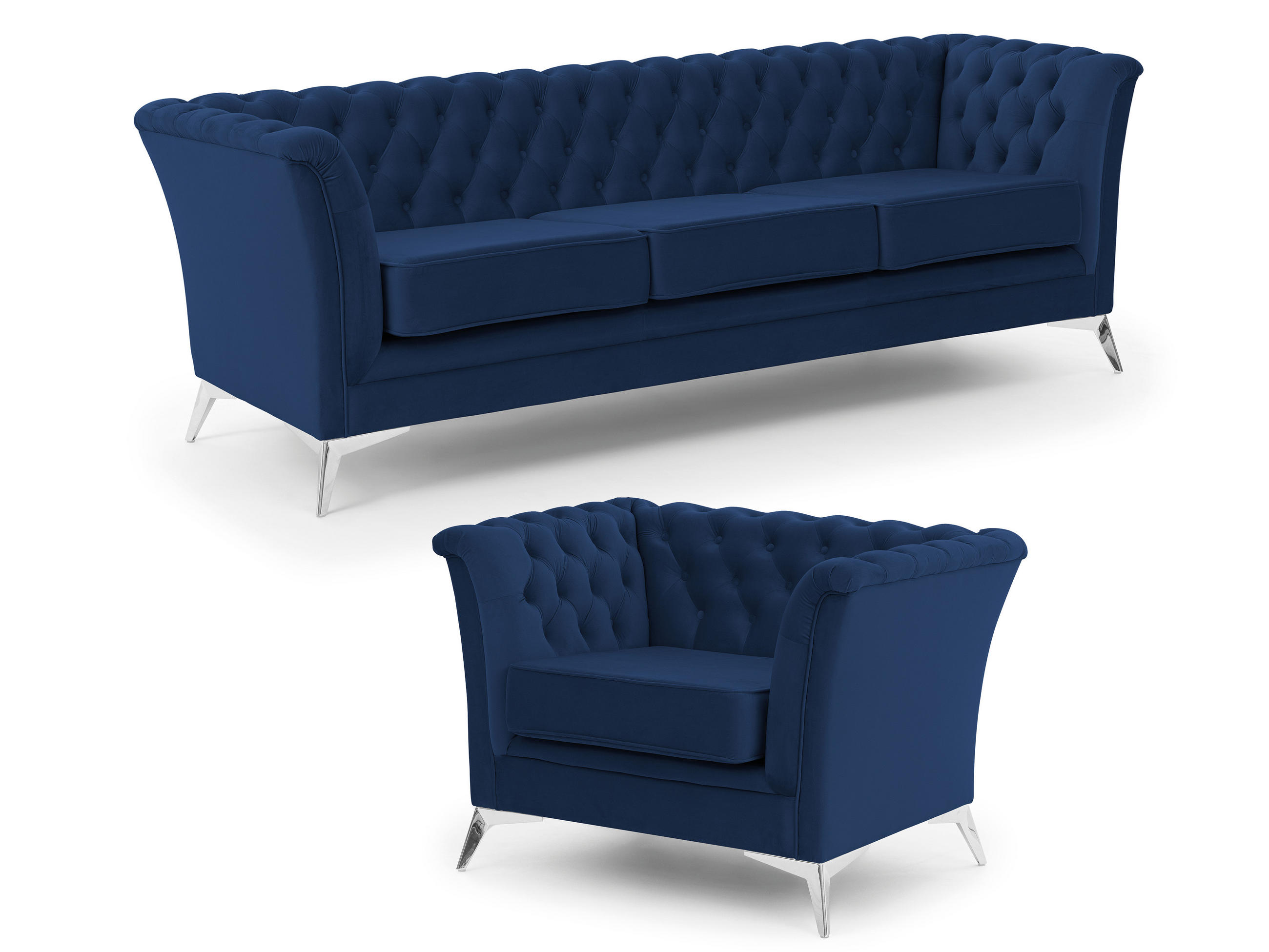 SITZGARNITUR 3+1 Chesterfield Whitby Marineblau Samt mit silbernen Füßen - Blau/Silberfarben, Holz/Textil (237/78/82cm) - S-Style Möbel
