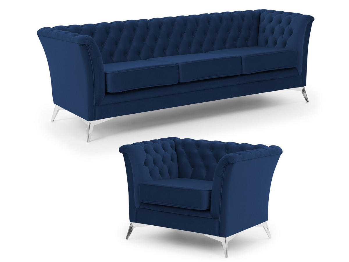 SITZGARNITUR 3+1 Chesterfield Whitby Marineblau Samt mit silbernen Füßen - Blau/Silberfarben, Holz/Textil (237/78/82cm) - S-Style Möbel