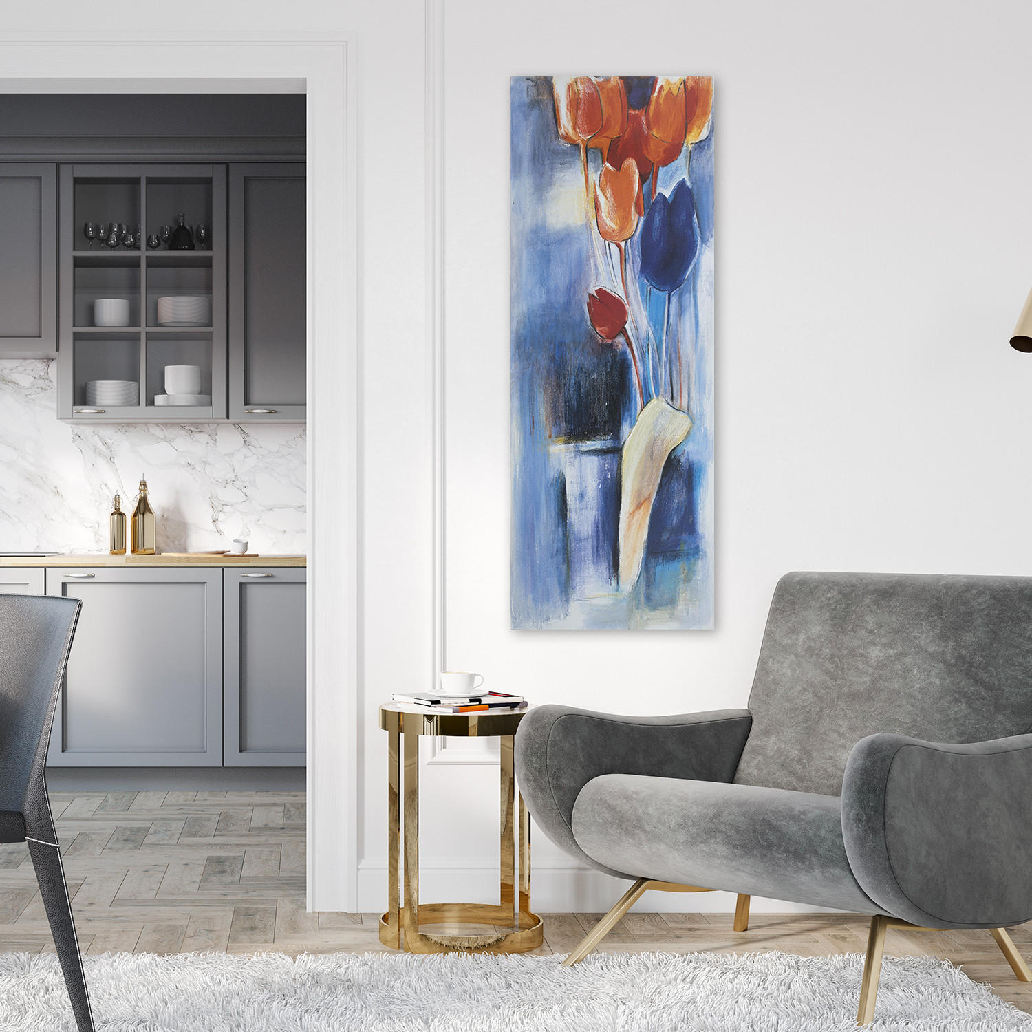 WANDBILD bunte blumen gemalt - Blau, Textil (30/90cm) - Feeby