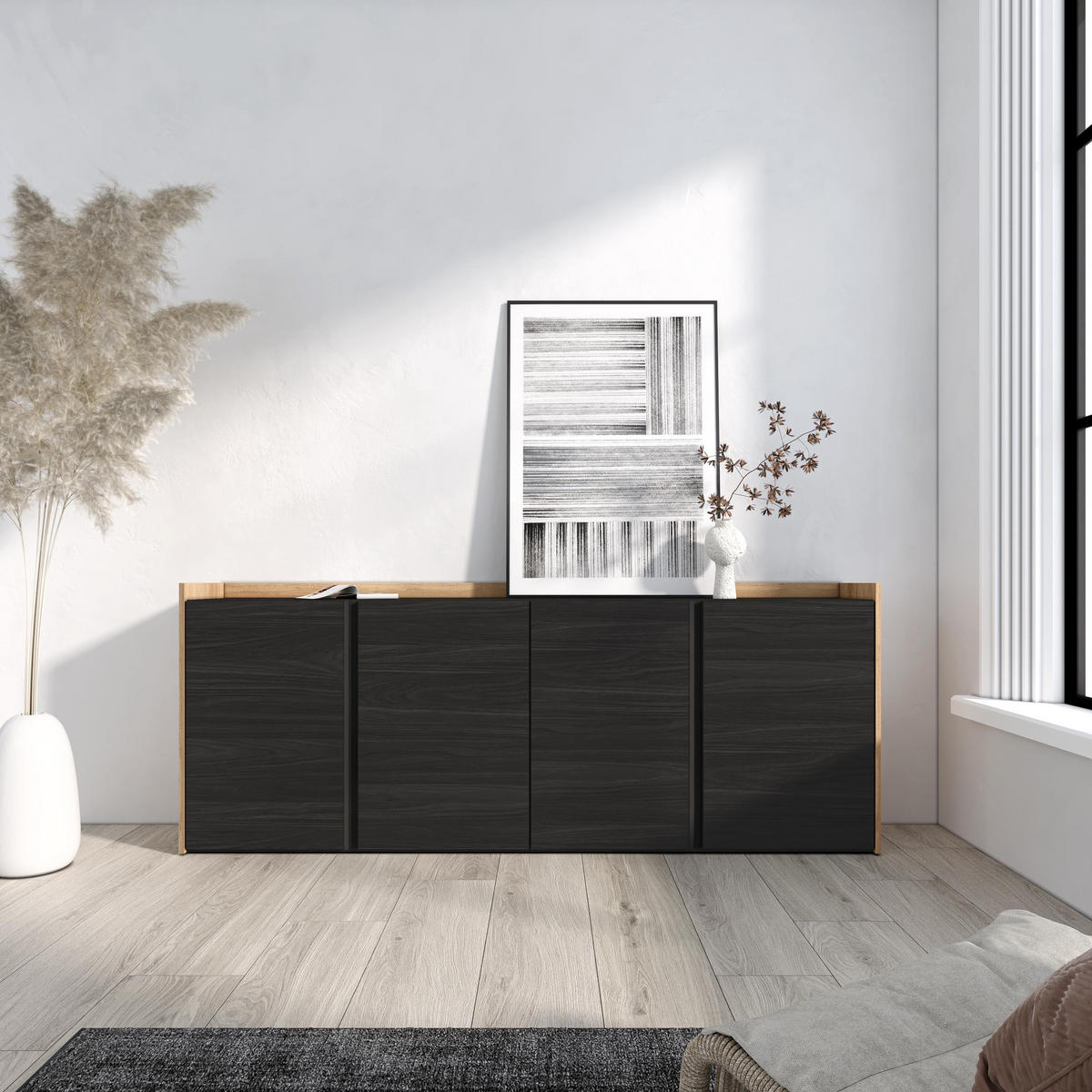 SIDEBOARD, 4 Türen, Schwarz und Eiche, 207/35/80cm - Schwarz, Holzwerkstoff (207/80/35cm) - Skraut Home
