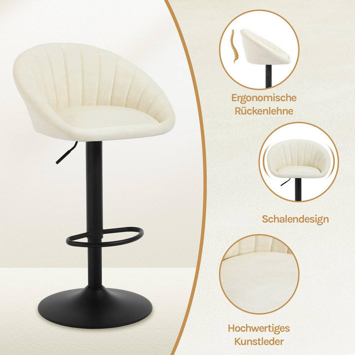 BARHOCKER Kunstleder, Metall, Beige - Beige/Schwarz, Kunststoff/Metall (53/83/45cm) - Woltu