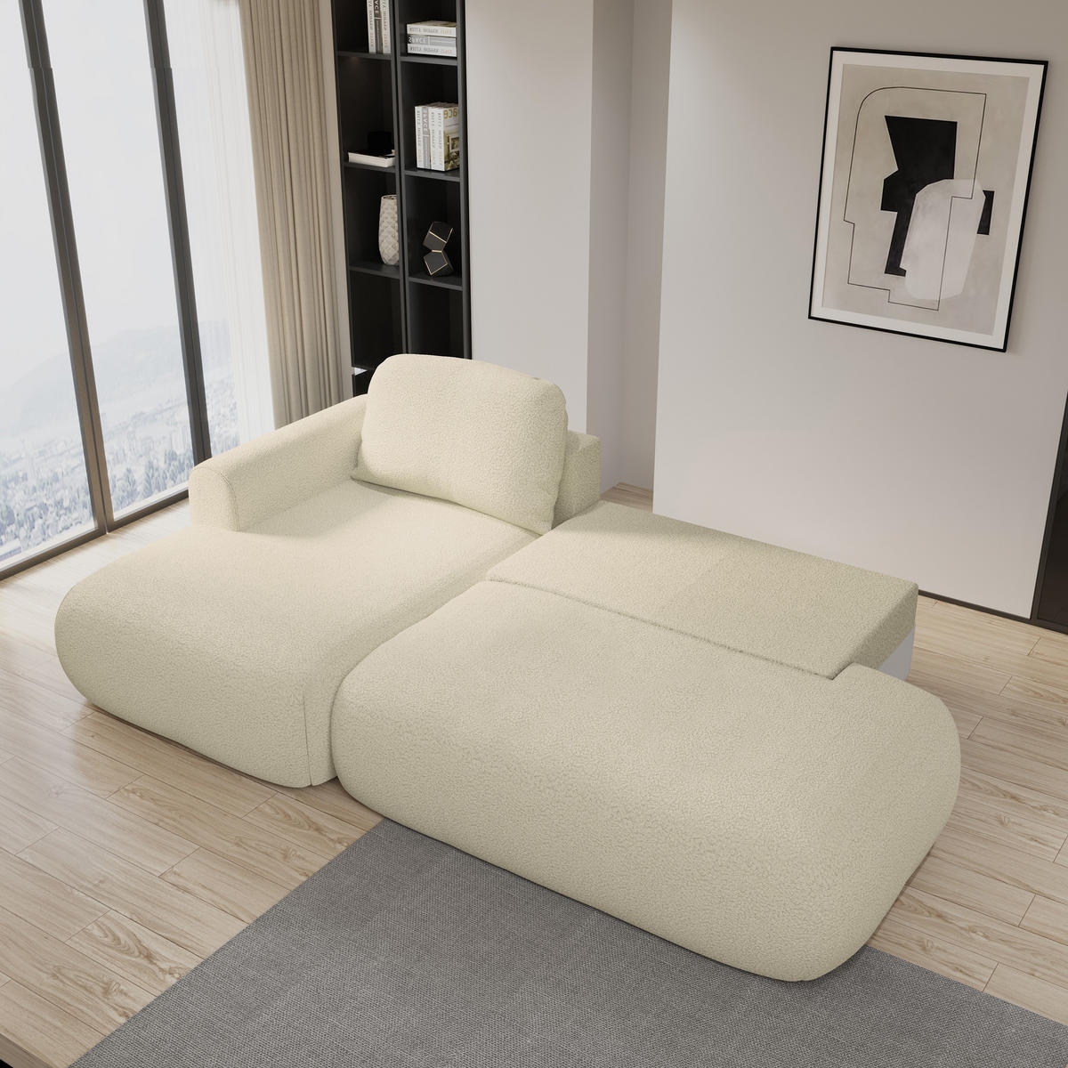 ECKSOFA NUVIRA L-S Creme Boucle-Stoff mit Schlaffunktion - Creme, Holz (274/165cm) - MASSENO