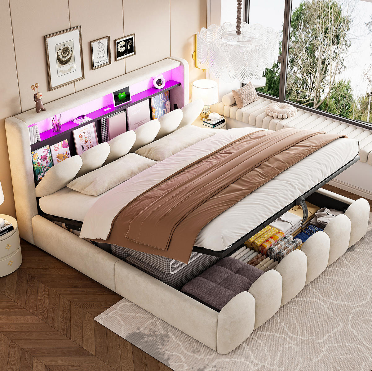 POLSTERBETT 180/200 cm aus Samt mit LED, USB-, Typ-C-Anschluss und hydraulischem Bettkasten, Beige - Beige, Textil (180/200cm) - Redom