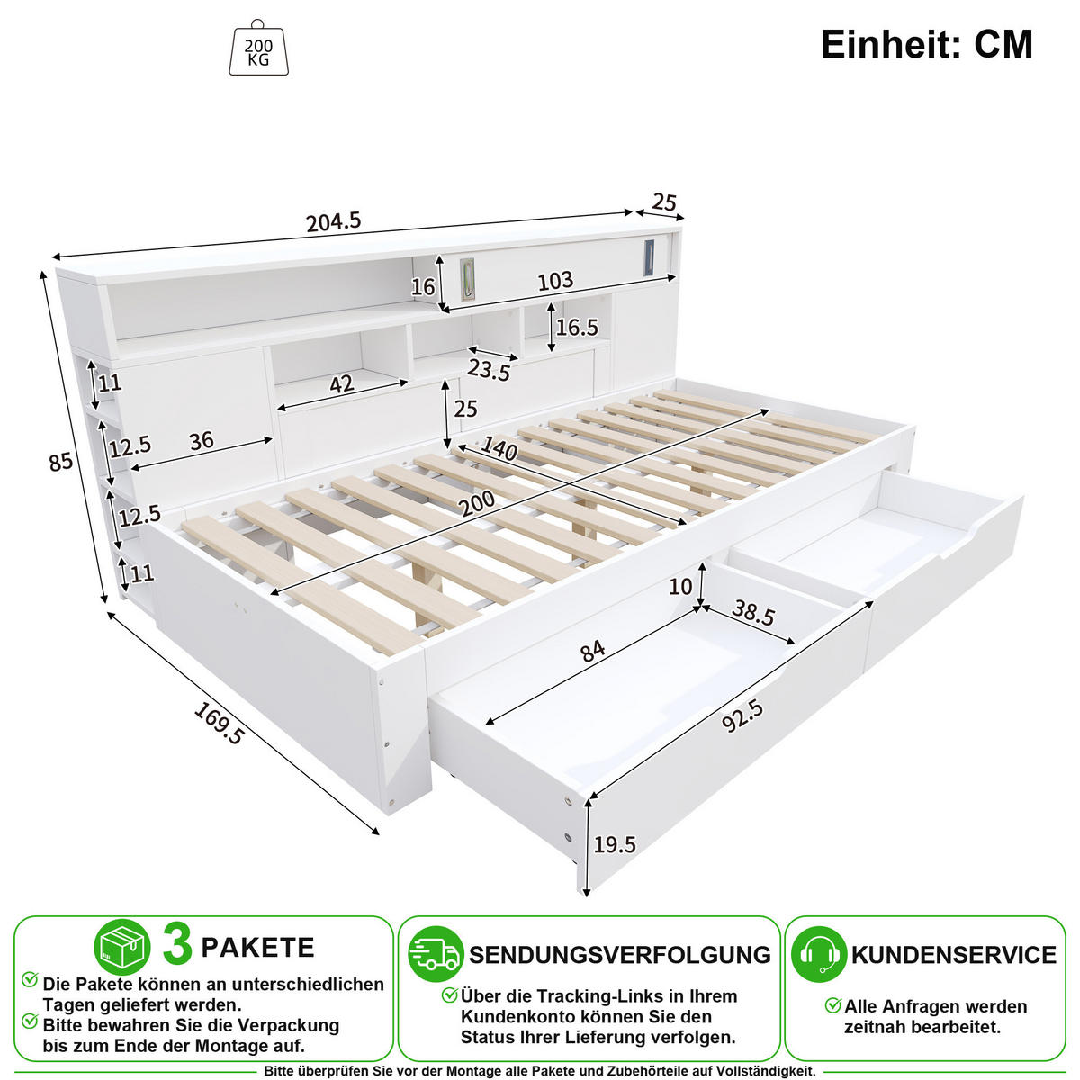 BETT 140/200 cm in Weiß mit 2 Schubladen, Regal und Schiebetürschrank - Weiß, Holzwerkstoff/Metall (140/200cm) - CHICFURN