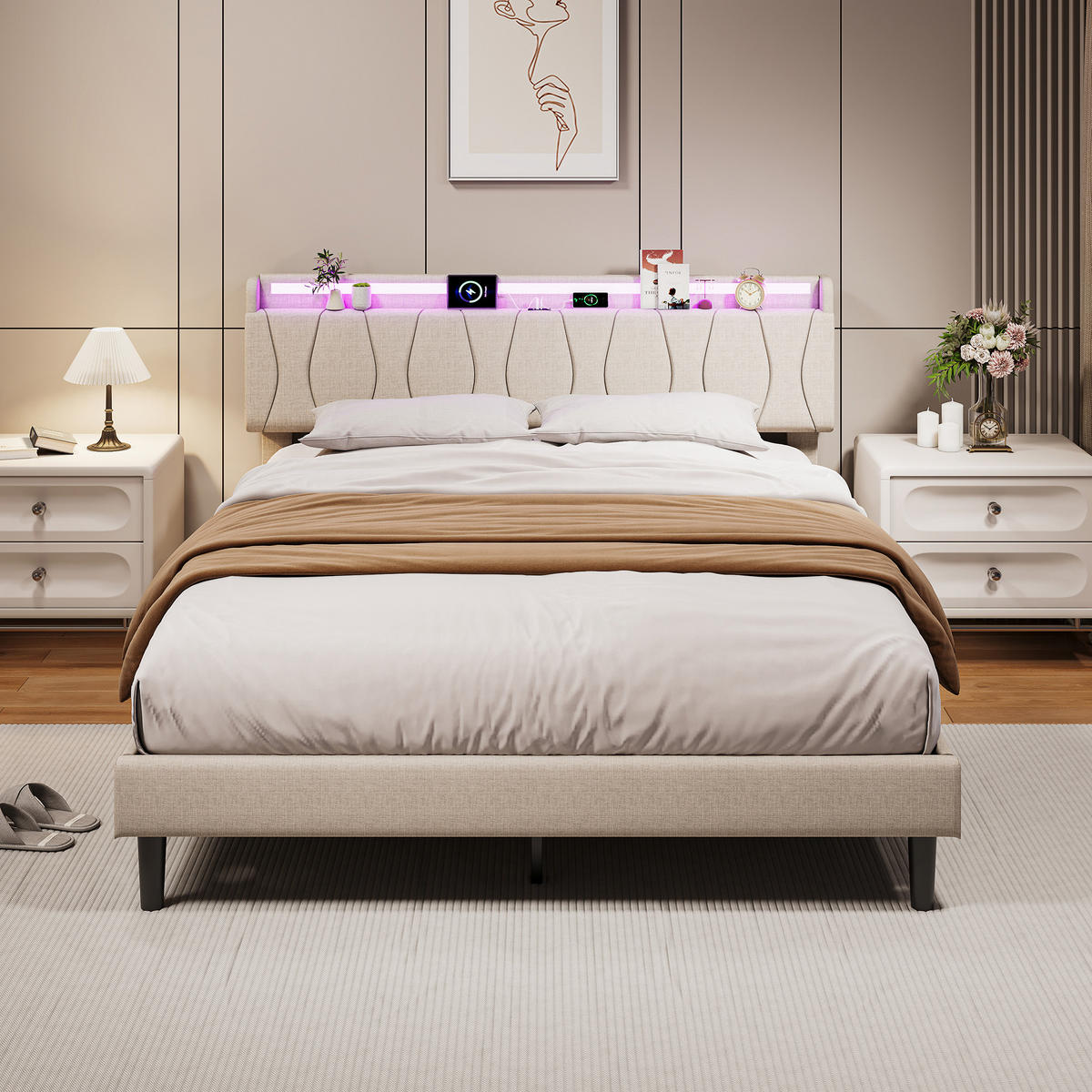 BETT 140x200 cm mit lattenrost, polsterbett mit USB und LED, leinenstoff, beige - Beige, Holz/Metall (140/200cm) - GENKI LIVING