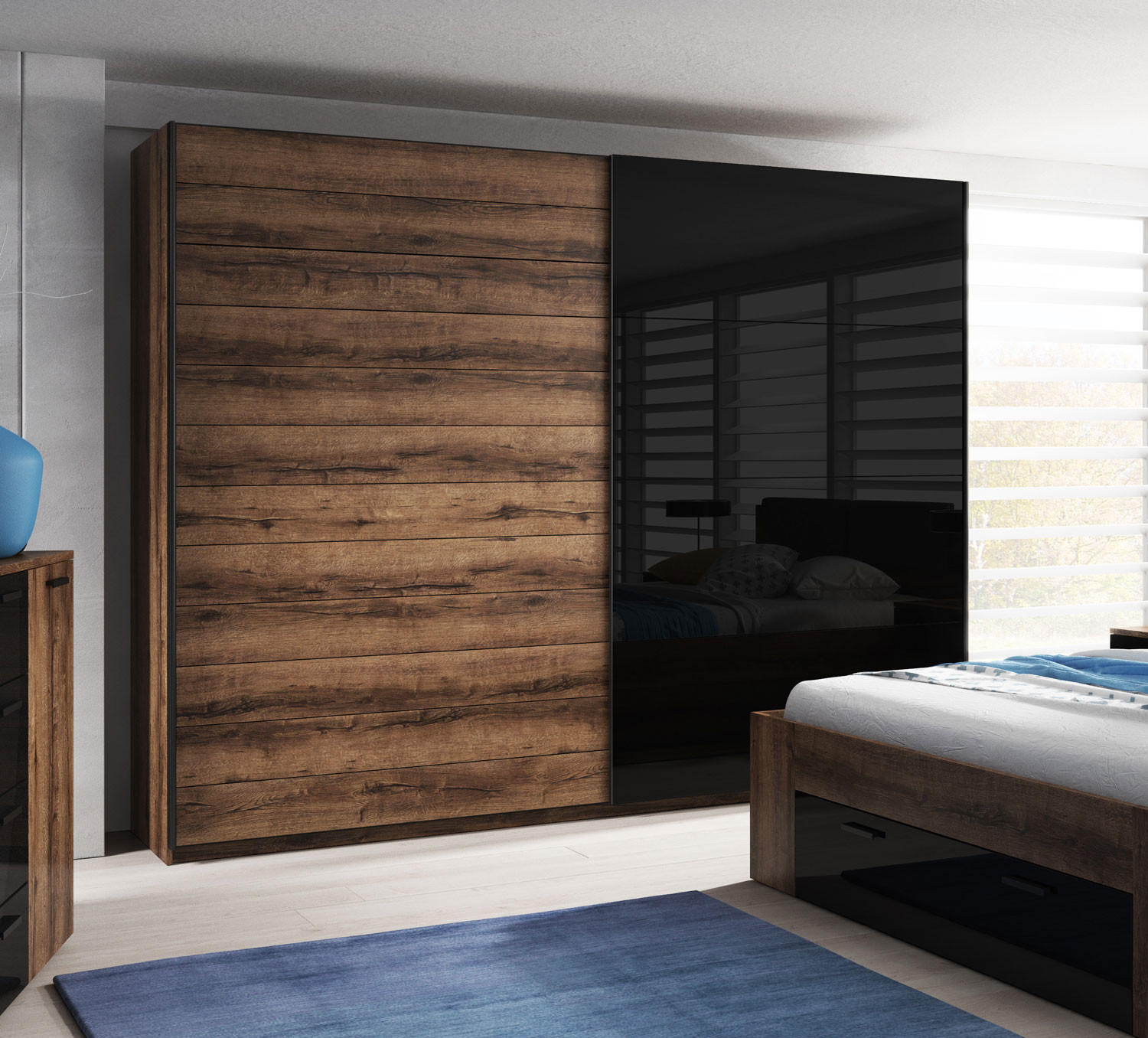 SCHWEBETÜRENSCHRANK Granada Monastery Eiche / Schwarz Hochglanz 270 / 61 / 210 cm - Multicolor/Braun, Holz/Holzwerkstoff (270/210/61cm) - Feldmann-Wohnen