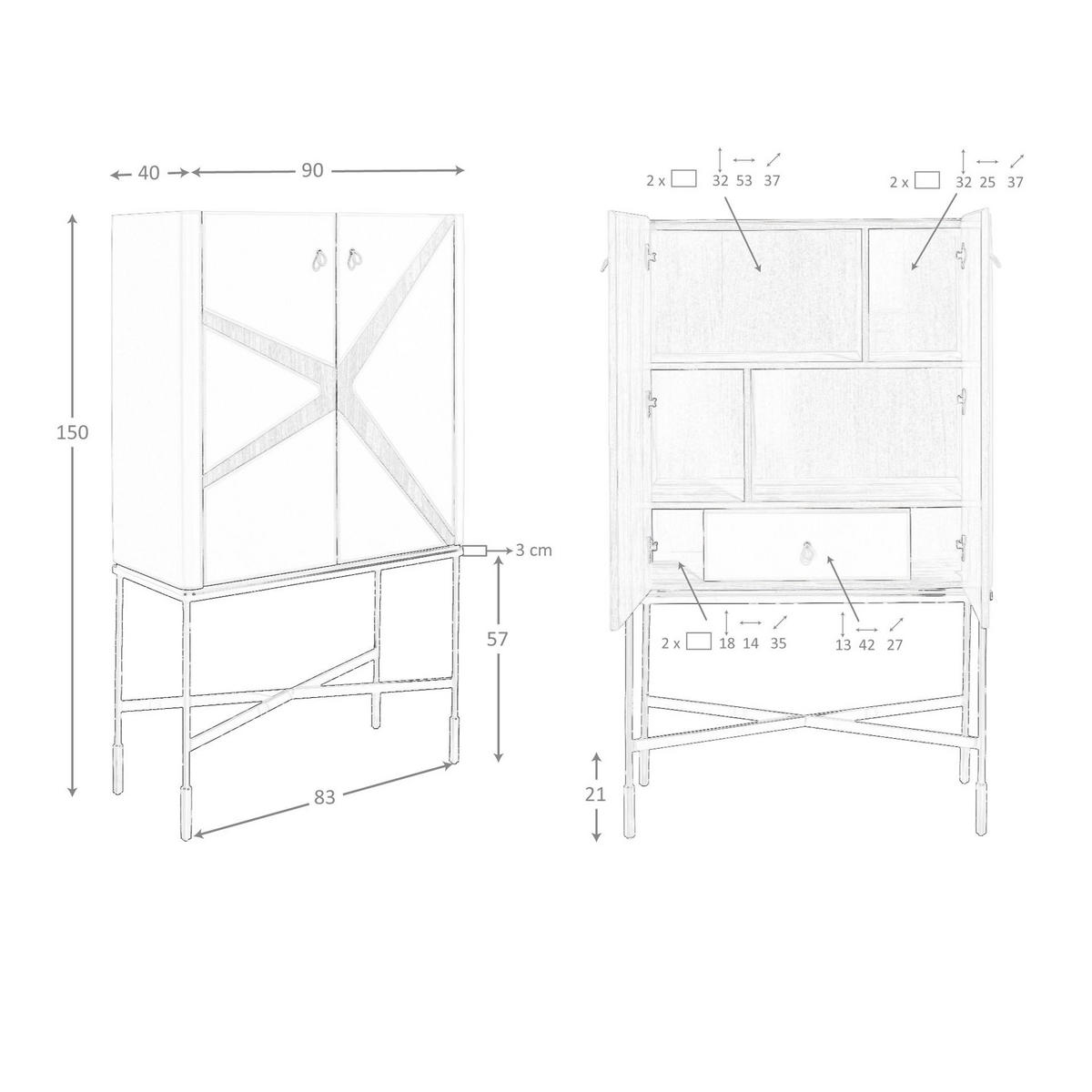 HIGHBOARD Leder, Nussbaum und schwarzer Stahl 90/40/150 cm - Beige/Multicolor, Leder/Holz (90/150/40cm) - ANGEL CERDA