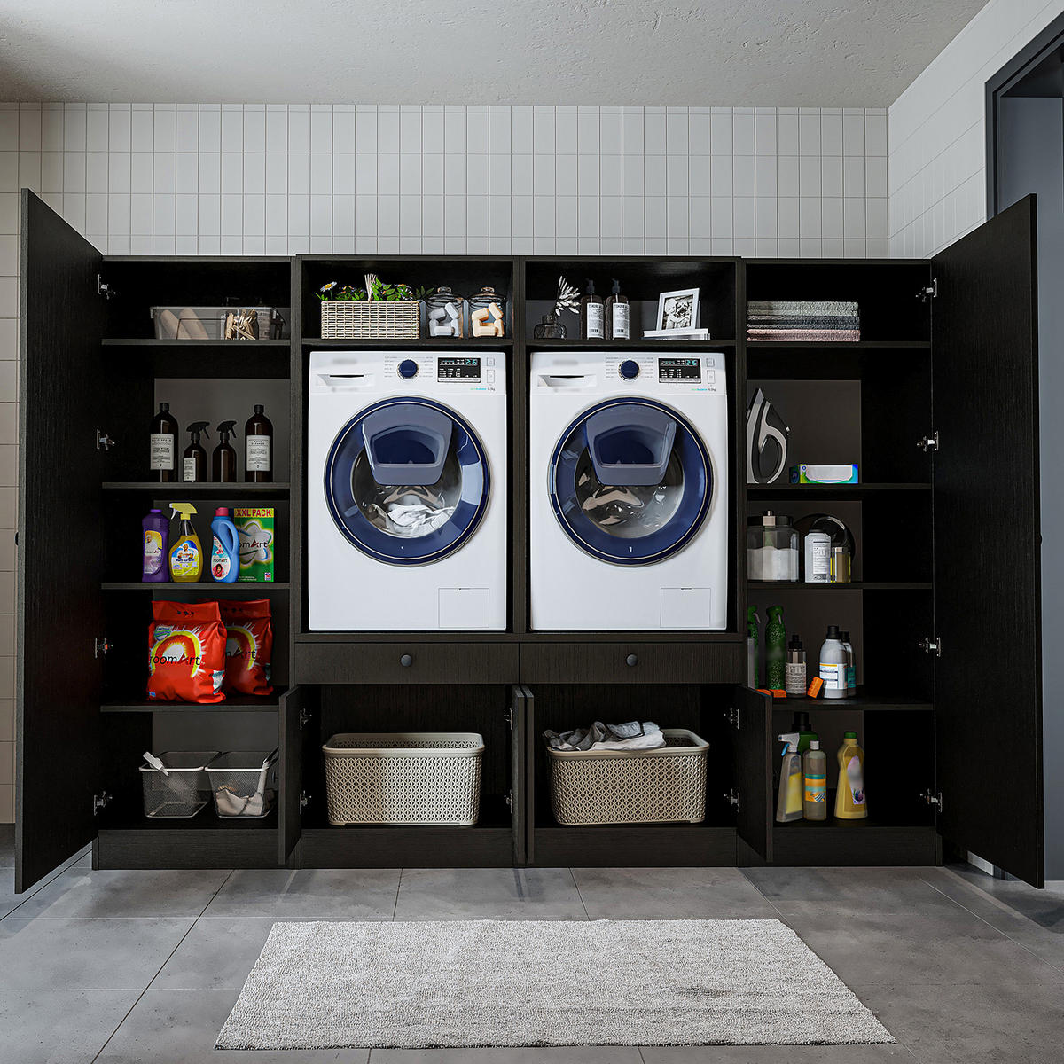 WASCHMASCHINENSCHRANK Serie 1 254cm Breit, 184cm Hoch - Schwarz, Holzwerkstoff (254/184/67cm)