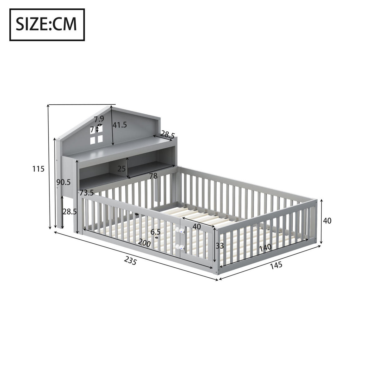 KINDERBETT 140/200 cm mit Hausrahmen, Kreidetafel, Stauraum und Schutzgitter aus Holzwerkstoff, Grau - Grau, Holzwerkstoff (140/200cm) - Redom