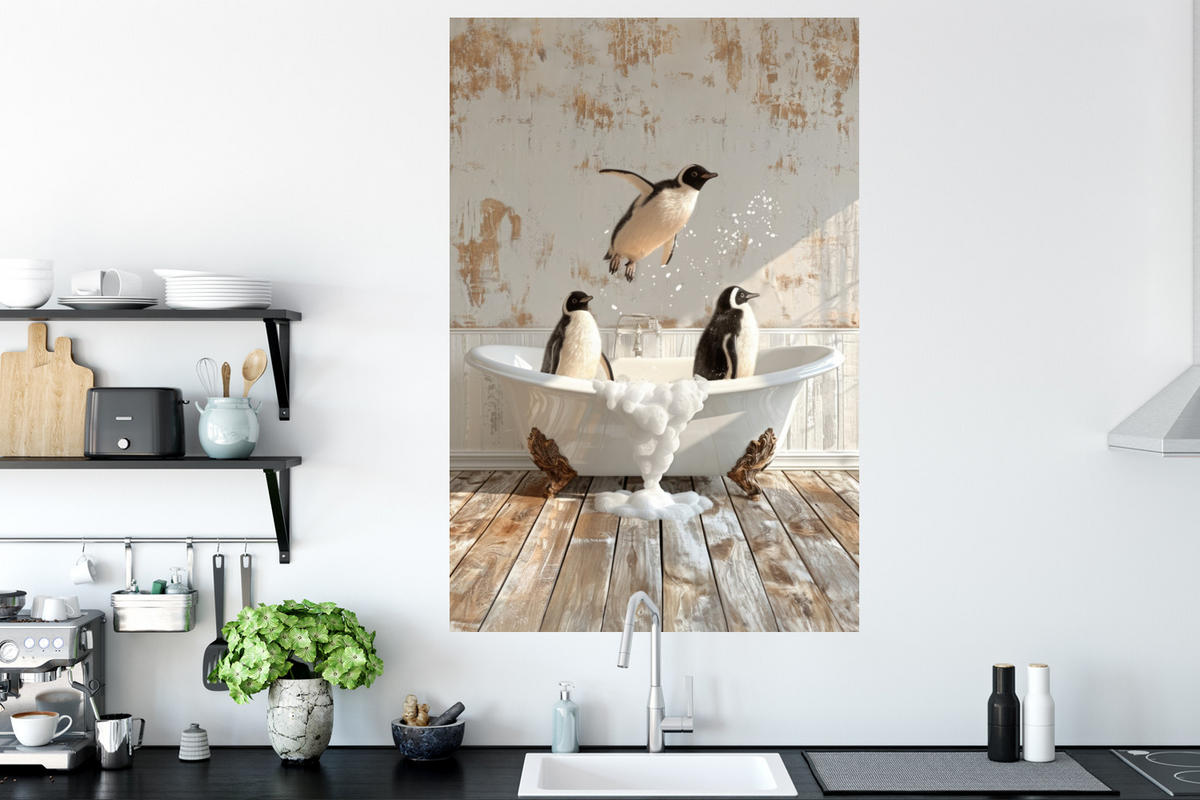 WANDTATTOO Vintage - Pinguin - Badewanne - Schaumstoff 80x120 cm - Schwarz, Kunststoff (80/120/0.1cm) - MuchoWow