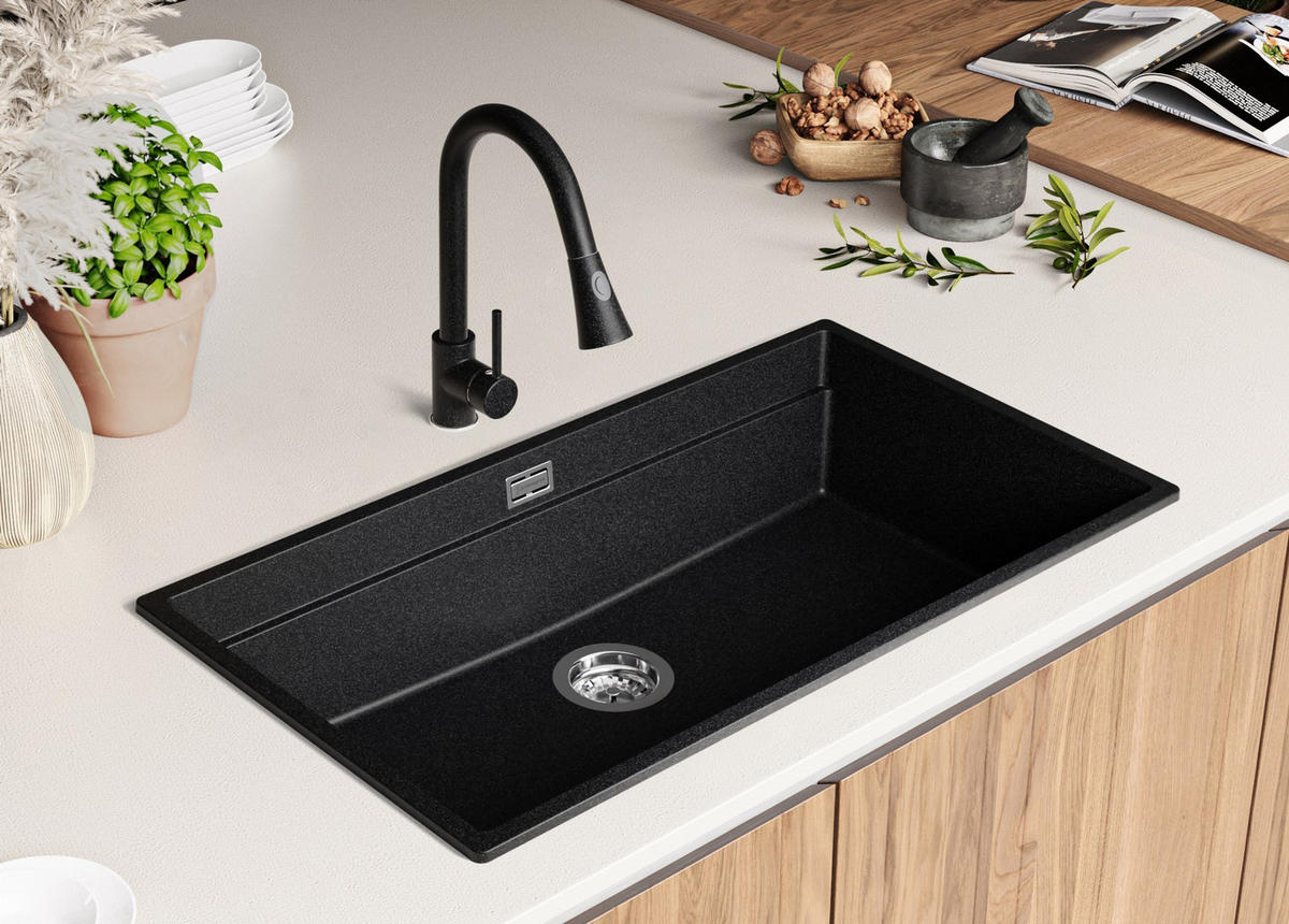 SPÜLBECKEN Praga Slim, 2-er set Anthrazit 86/47 cm 1 Becken + Ablauf-Set + Aufrollbare Abtropffläche ab 90er Unterschrank - Chromfarben/Anthrazit, Kunststoff (86/20/47cm) - Primagran