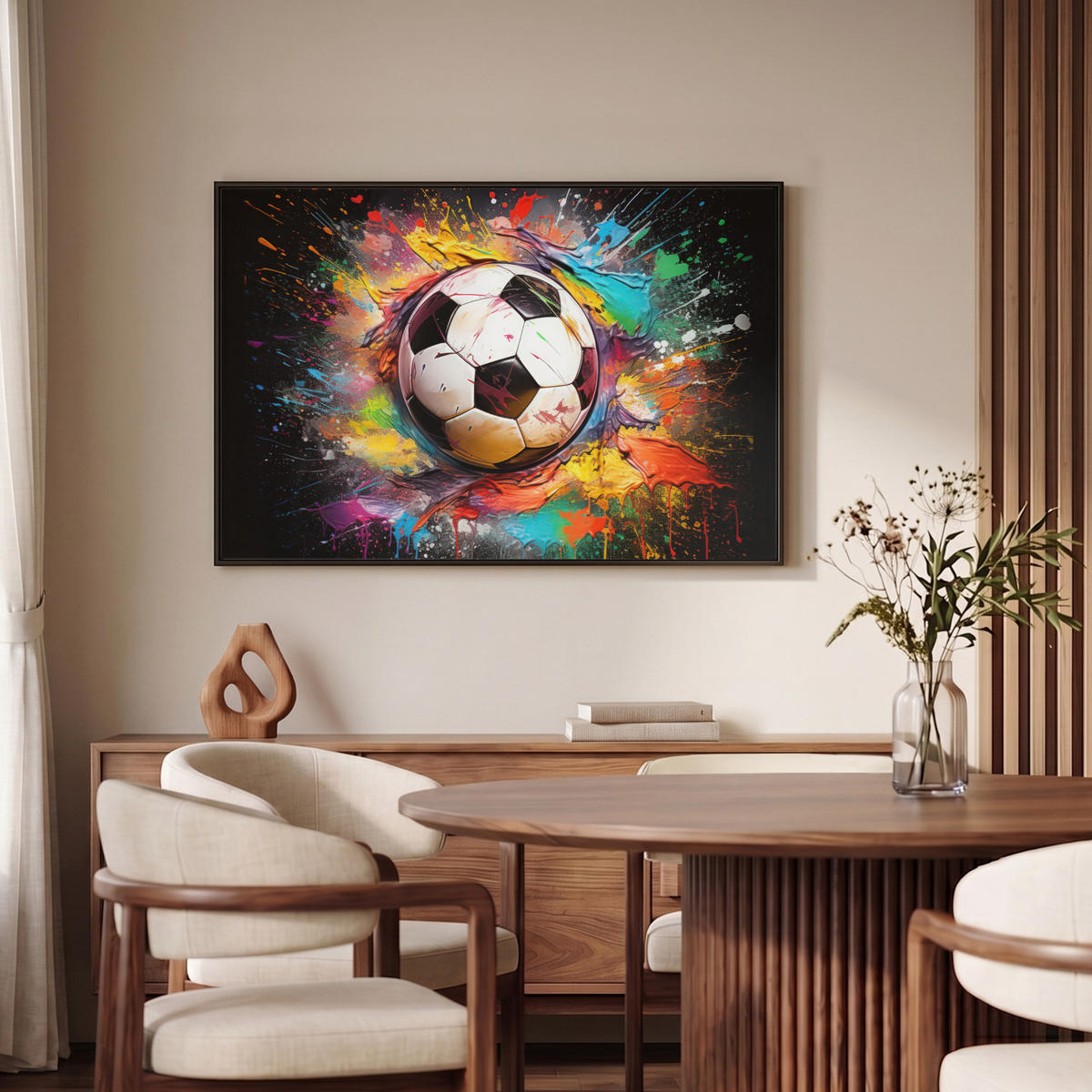 LEINWAND Bilder mit Rahmen - Fußball - Farbe - Farben - Schwarz - Weiß - 90x60 - Weiß, Textil (90/60cm) - MuchoWow