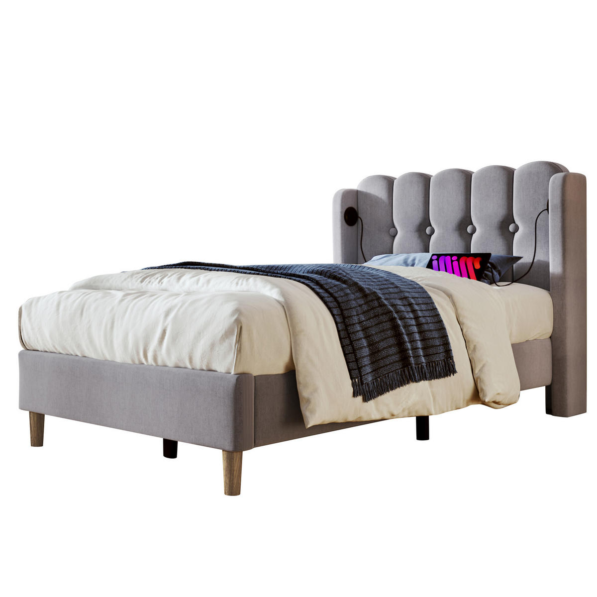 POLSTERBETT 90/200 cm aus Leinen mit USB- und Typ-C-Ladefunktion Grau - Grau, Textil (90/200cm) - Modenvie