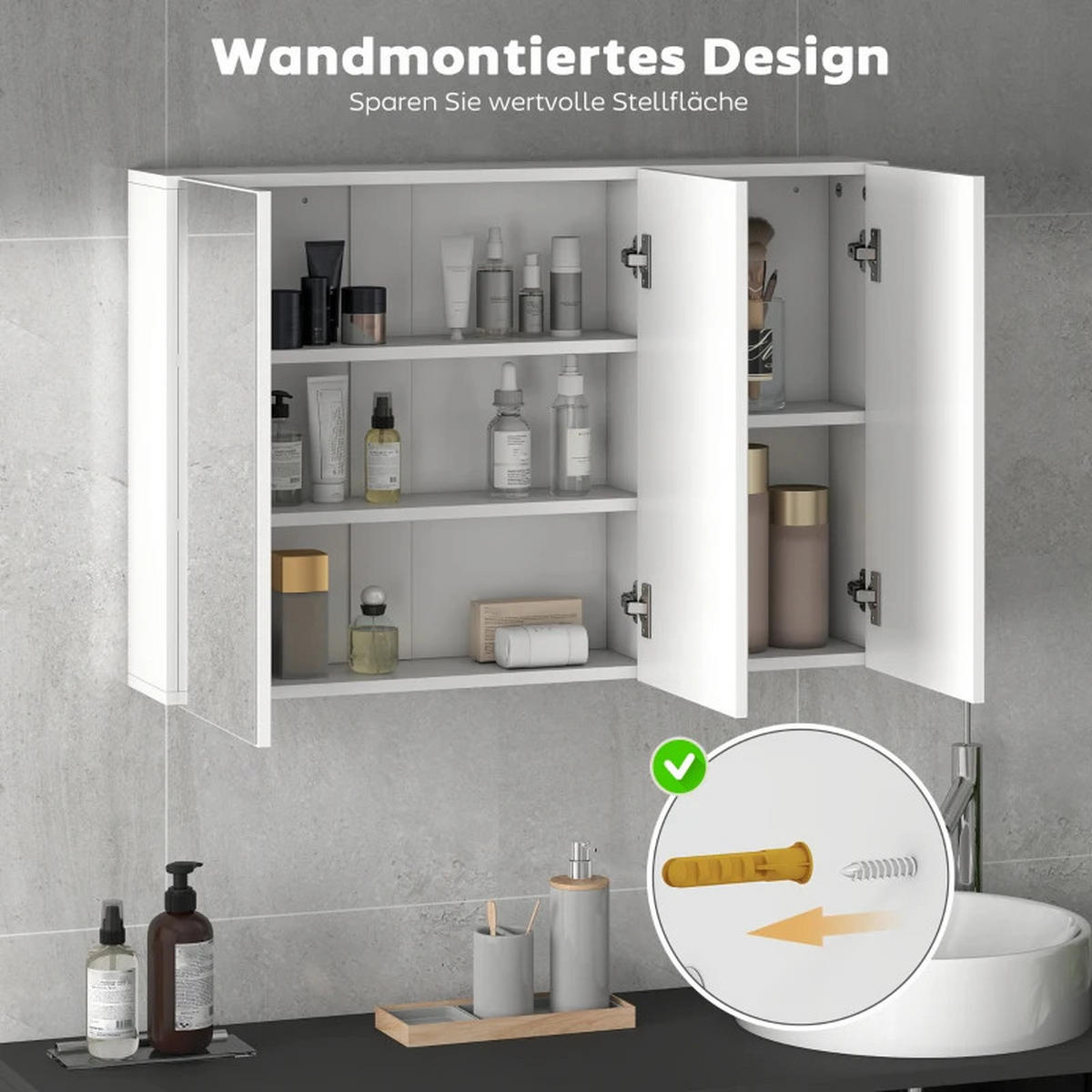 BADEZIMMER Hängeschrank 90x15.5x60 cm Weiß mit 3 Spiegeltüren & 5 Regalen - Weiß, Glas (90/60/15.5cm) - Modfu