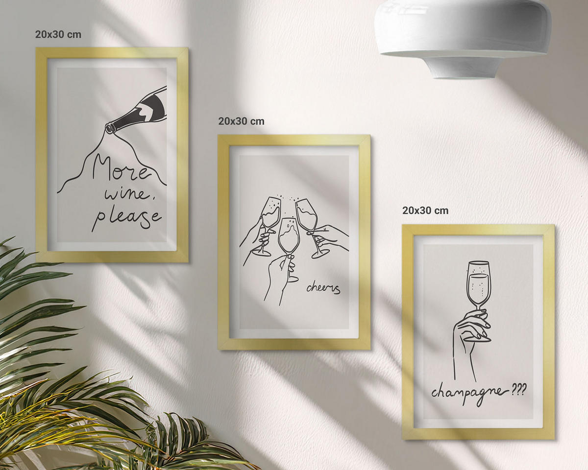WANDBILDER 3er Set - 20x30 cm Goldrahmen - Champagner-Wein-Linienzeichnung - Goldfarben, Kunststoff (20/30cm) - ArtPrintCave