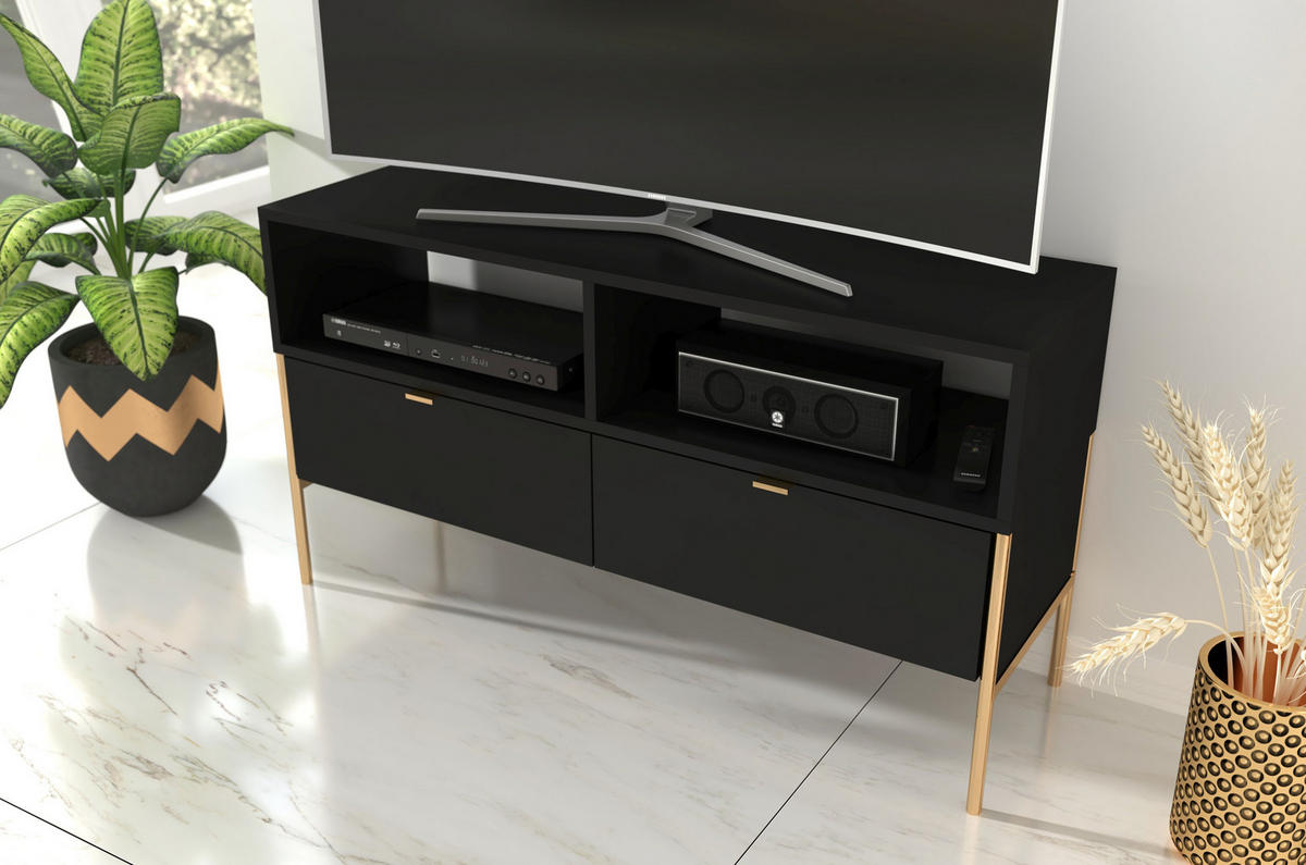 LOWBOARD Polka, Schwarz, Goldene Details - Goldfarben/Schwarz, Holzwerkstoff/Metall (120/65/37cm) - Skandica