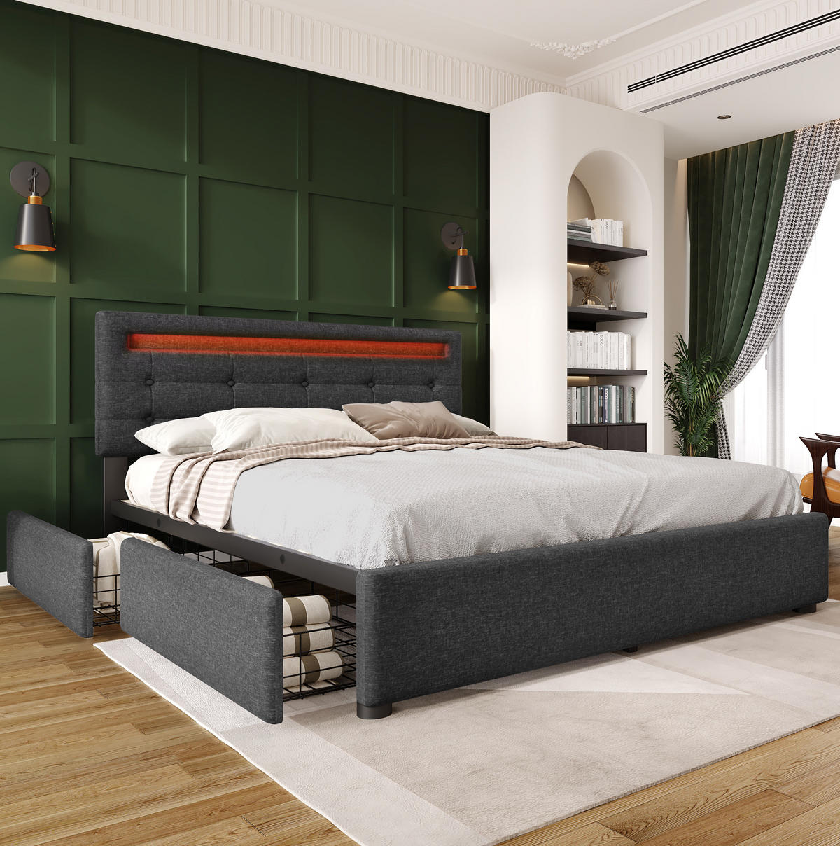 POLSTERBETT 140/200 cm mit LED-Beleuchtung, 4 Schubladen und Matratze, Grau - Grau, Textil (140/200cm) - BEAOK