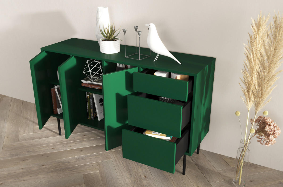 SIDEBOARD Mirka, Grün, Push to Open System, Minimalistisch - Dunkelgrün/Schwarz, Holzwerkstoff/Metall (130/80/40cm) - Dancan