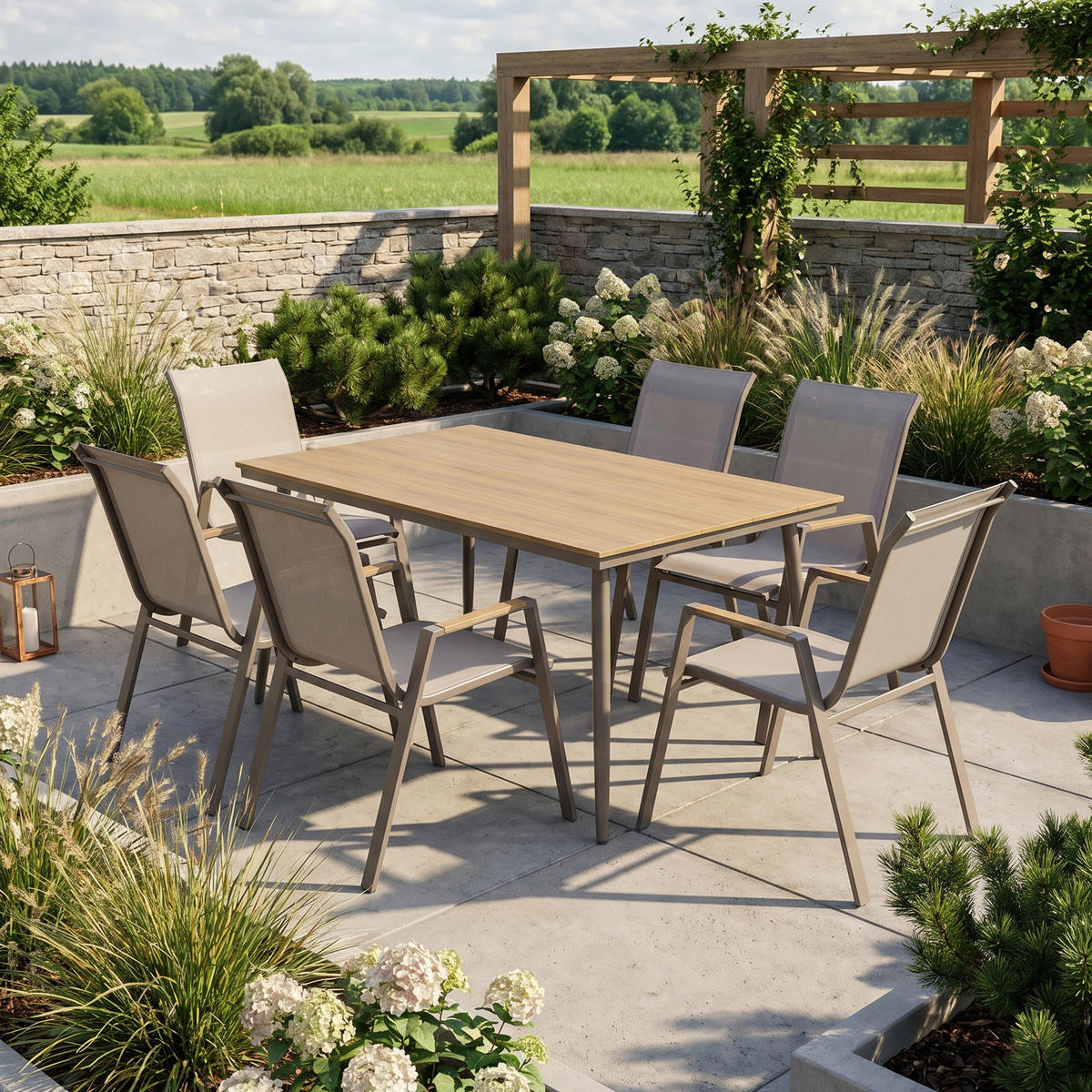 ZAHRADNÍ SADA Valencia, 6 stohovatelných židlí + velký jídelní stůl 200 × 90 cm, stolová deska z Polywoodu, béžová - béžová, kov - Beautysofa