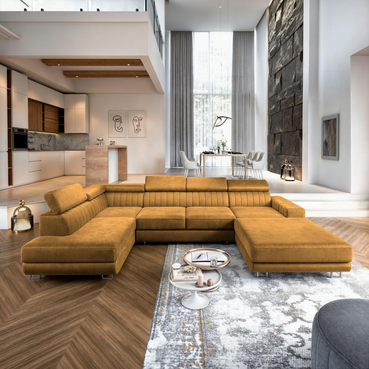 WOHNLANDSCHAFT SIENA L-S Gelb Velours-Stoff mit Schlaffunktion - Gelb, Holz (335/89/190cm) - MASSENO