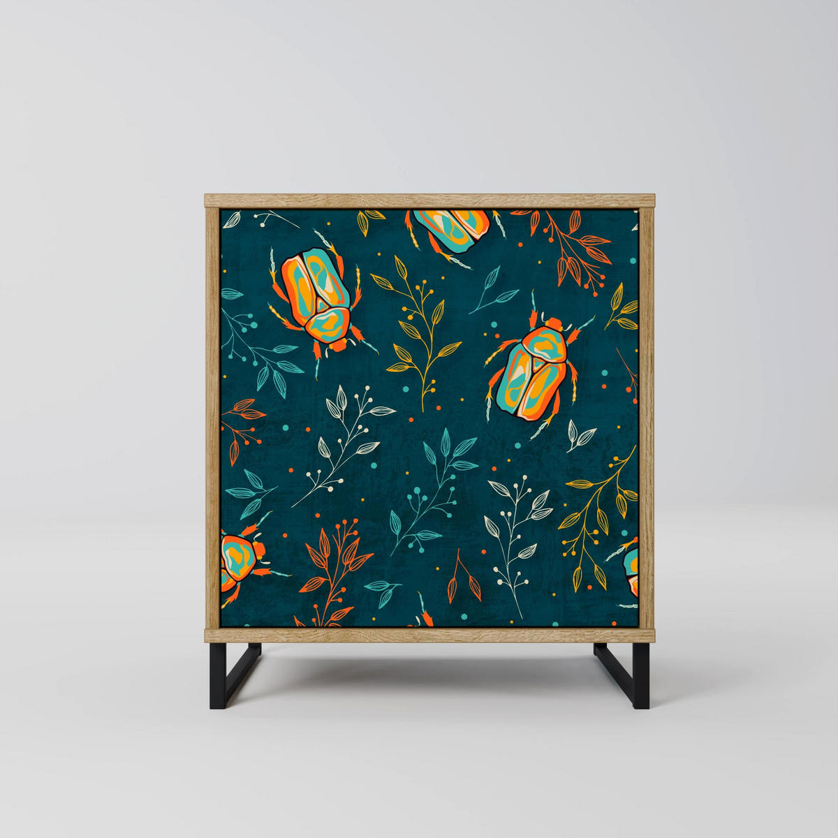 SIDEBOARD AUTUMN INSECTS, Eichefarben, 57,5x42x70,5 cm, Schwarze Metall-Sternfüße - Eichefarben/Multicolor, Holzwerkstoff/Metall (57.5/70.5/42cm) - SpaceRebels