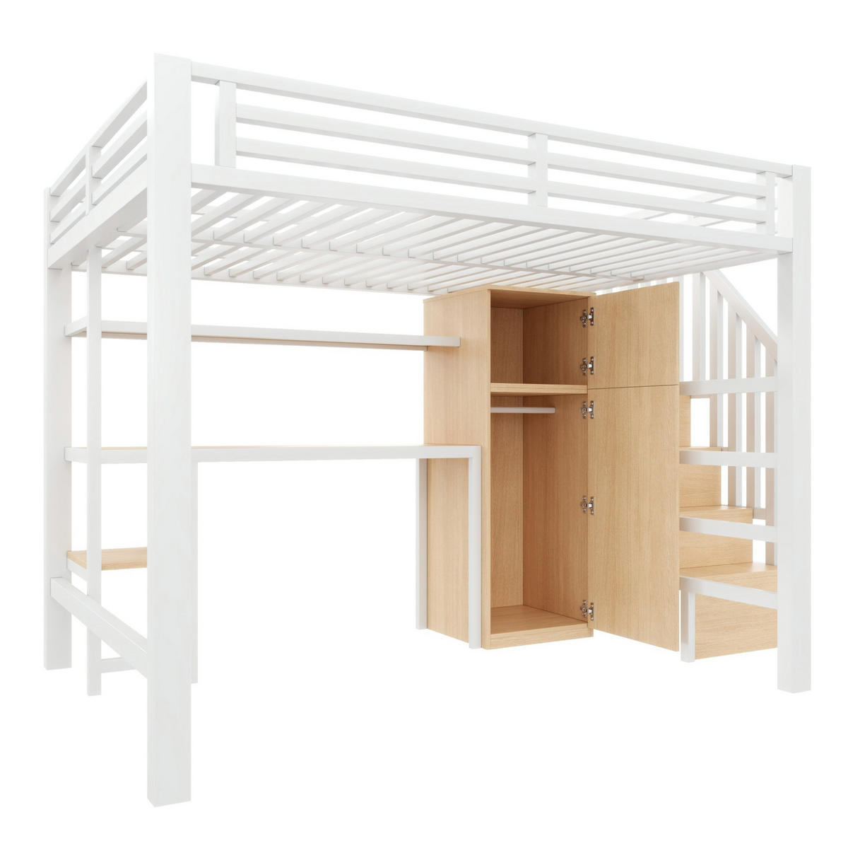 HOCHBETT 140/200 cm mit Schreibtisch, Regal, Kleiderschrank und LED - Weiß, Metall (140/200cm) - MIVRAY