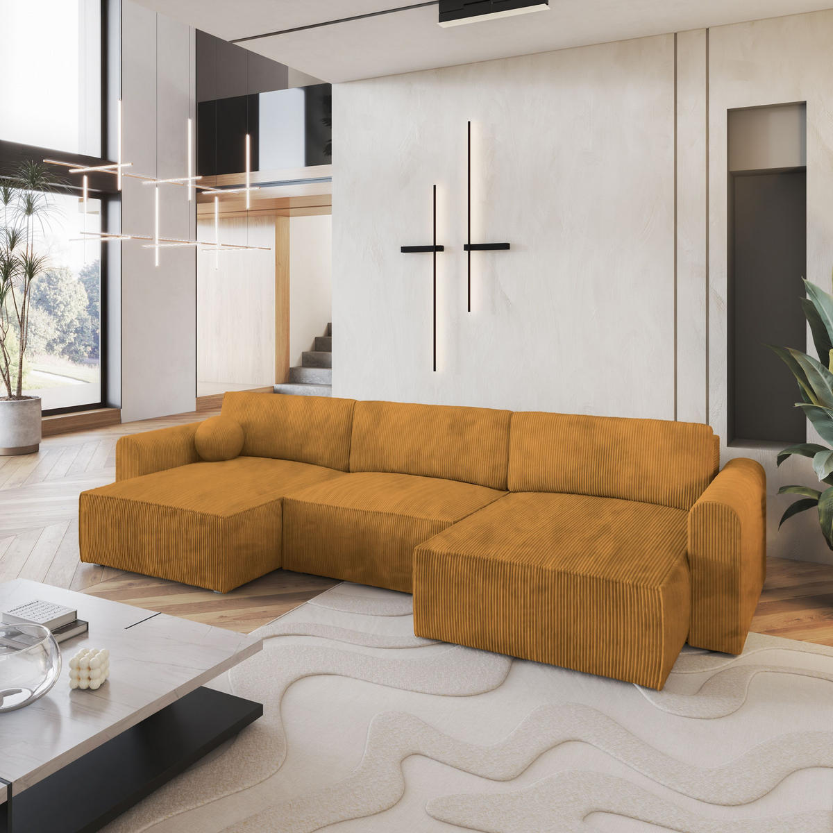 WOHNLANDSCHAFT FENTO P Gelb Kordstoff mit Schlaffunktion - Gelb, Holz (347/90/148cm) - MASSENO