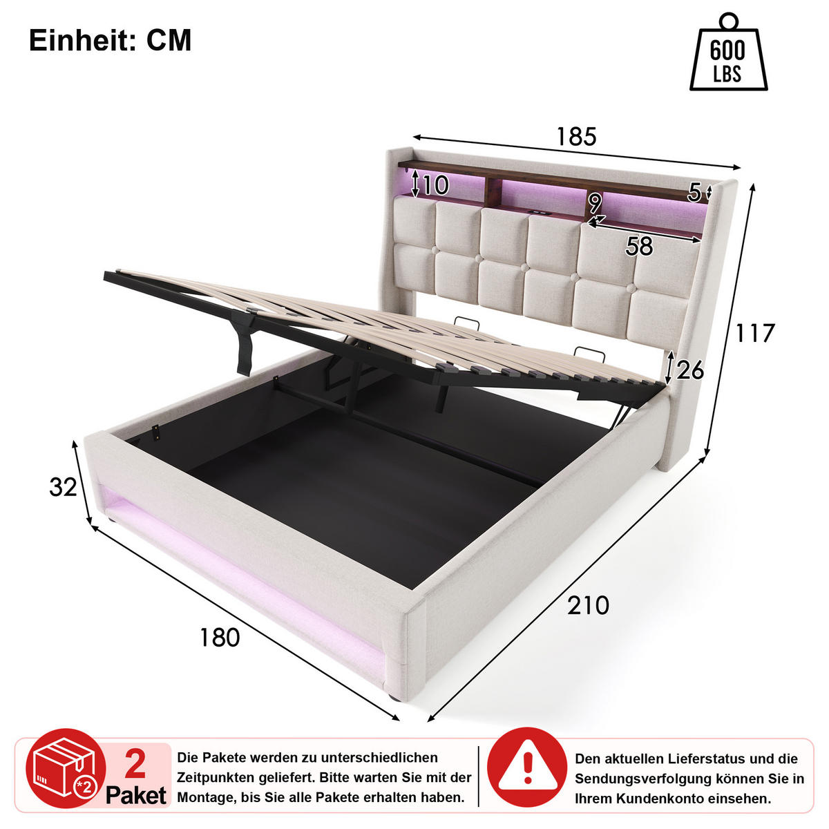 ČALOUNĚNÁ POSTEL 90/200 cm v béžové barvě s úložným prostorem, LED, USB a Type-C - béžová, kov/kompozitní dřevo (90/200cm) - CHICFURN