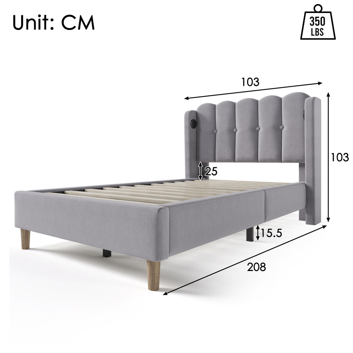 POLSTERBETT 90/200 cm Grau mit Matratze und USB- und Type-C-Anschlüssen - Grau, Textil (90/200cm) - Flora Grace