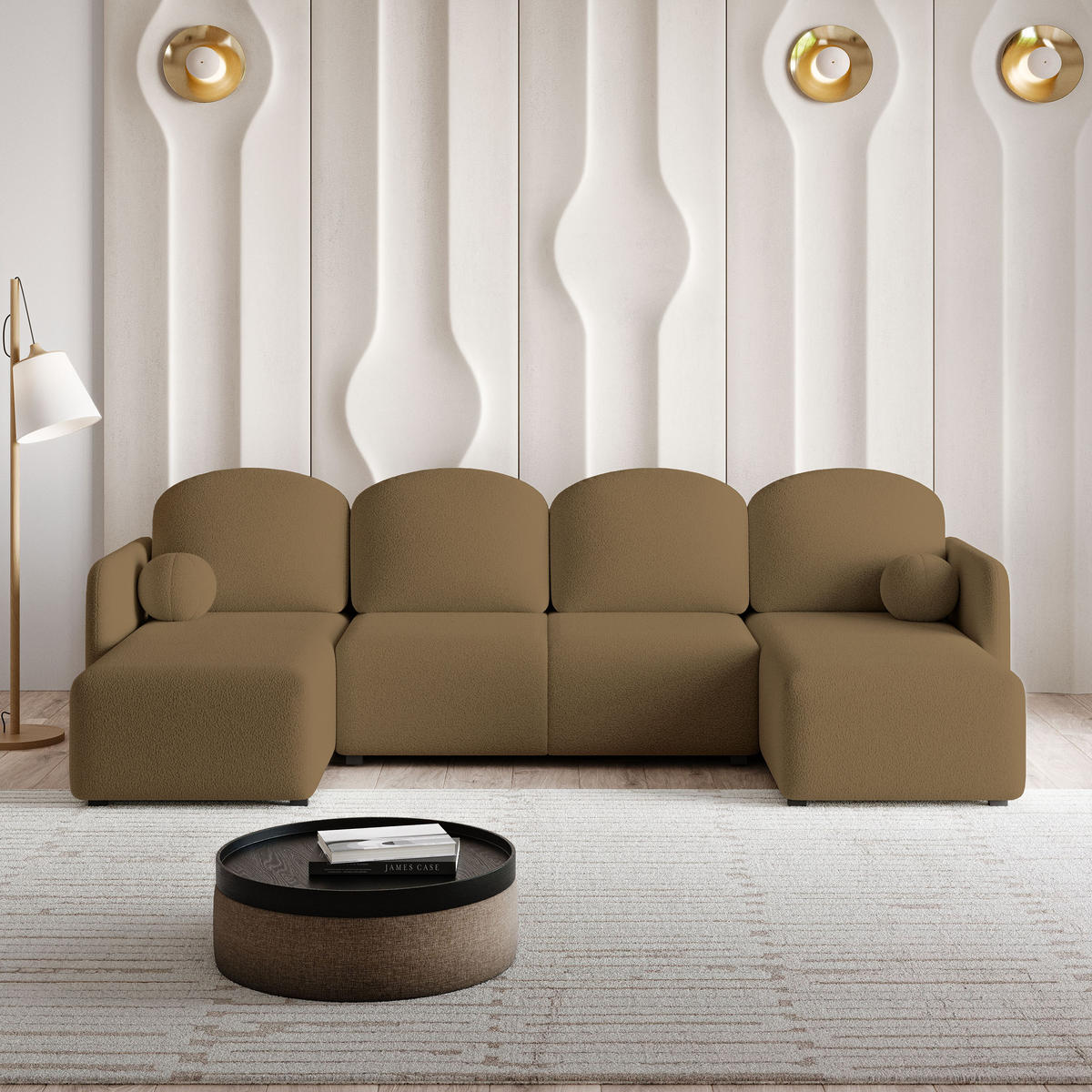 ROHOVÁ SEDAČKA NUBERO med - šedá/med, dřevo/textil (285/143cm) - MASSENO