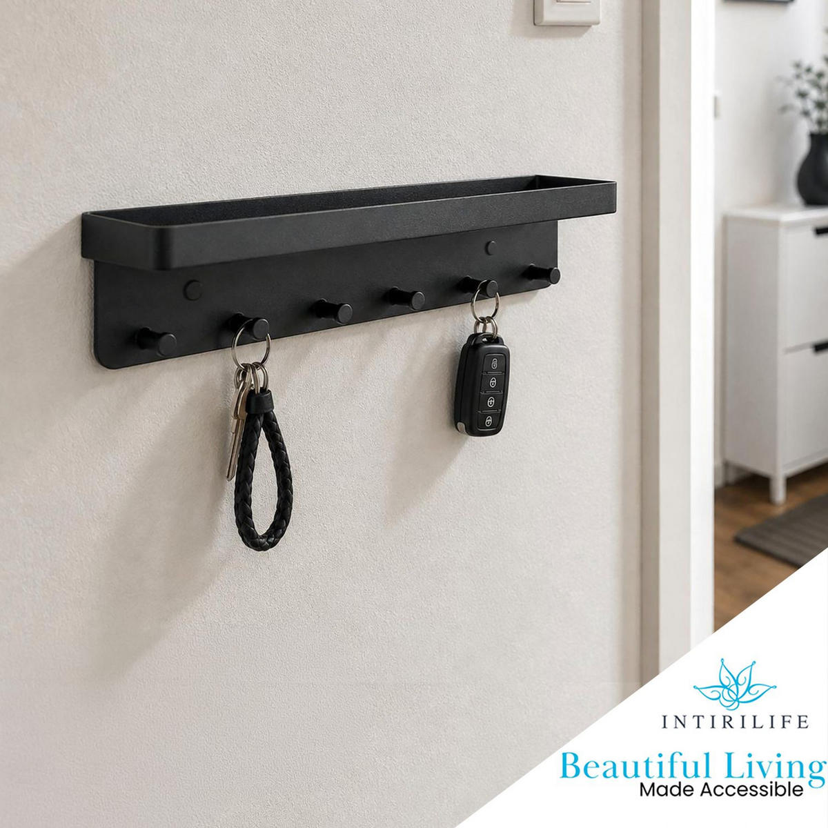 SCHLÜSSELBRETT mit Ablage Selbstklebend 24.5/6 cm - Schwarz, Kunststoff (6/4.7/24.5cm) - Intirilife