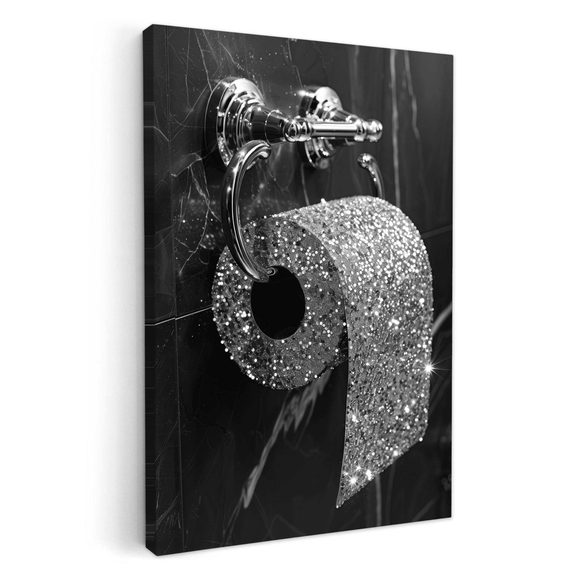 LEINWANDBILD WC - Toilettenpapier - Schwarz und weiß - Glitter 60x90 cm - Silberfarben, Textil (60/90cm) - MuchoWow