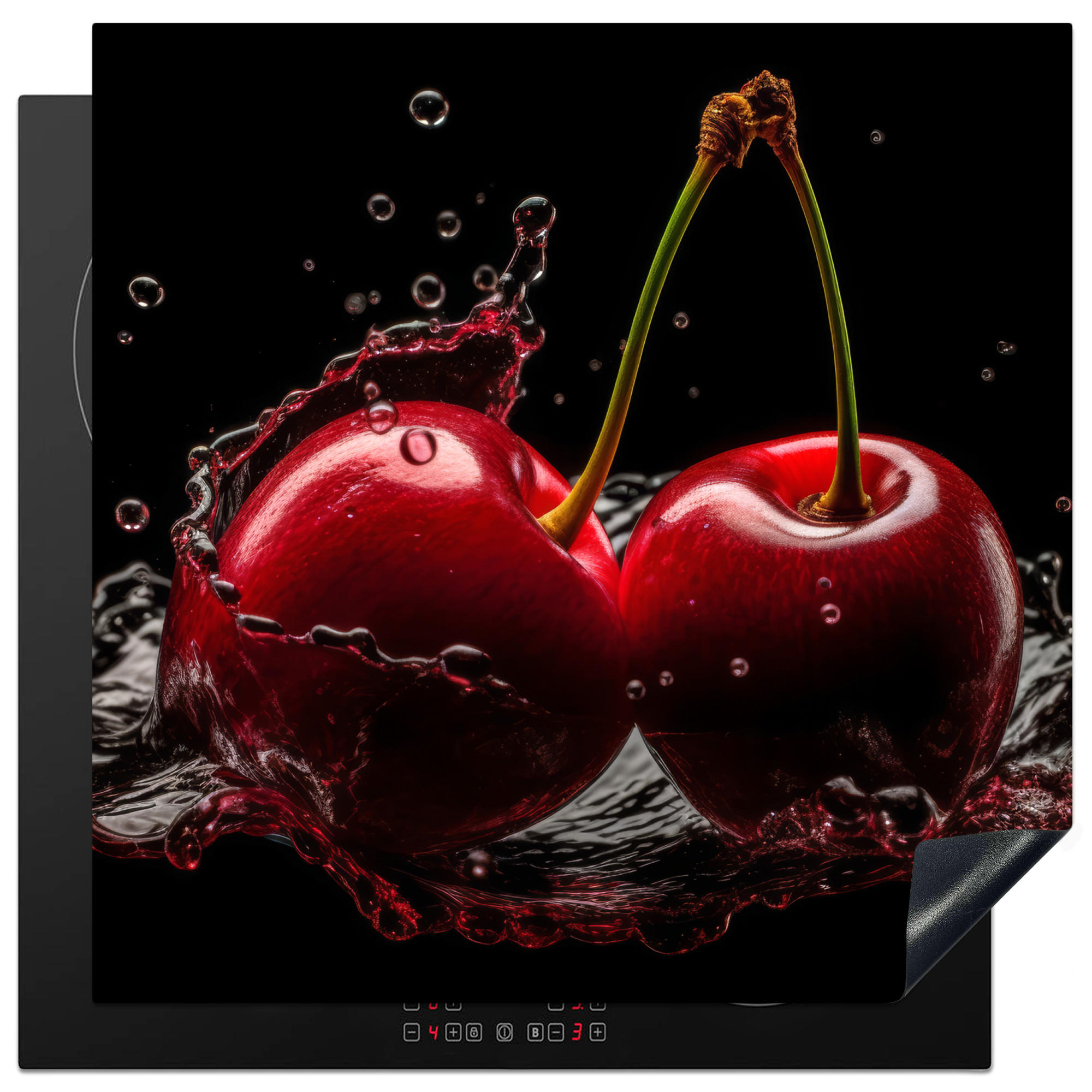 HERDABDECKPLATTE Kirsche - Rot - Frucht - Wasser - Schwarz 78x78 cm - Kirschrot, Kunststoff (78/0.2/78cm) - MuchoWow