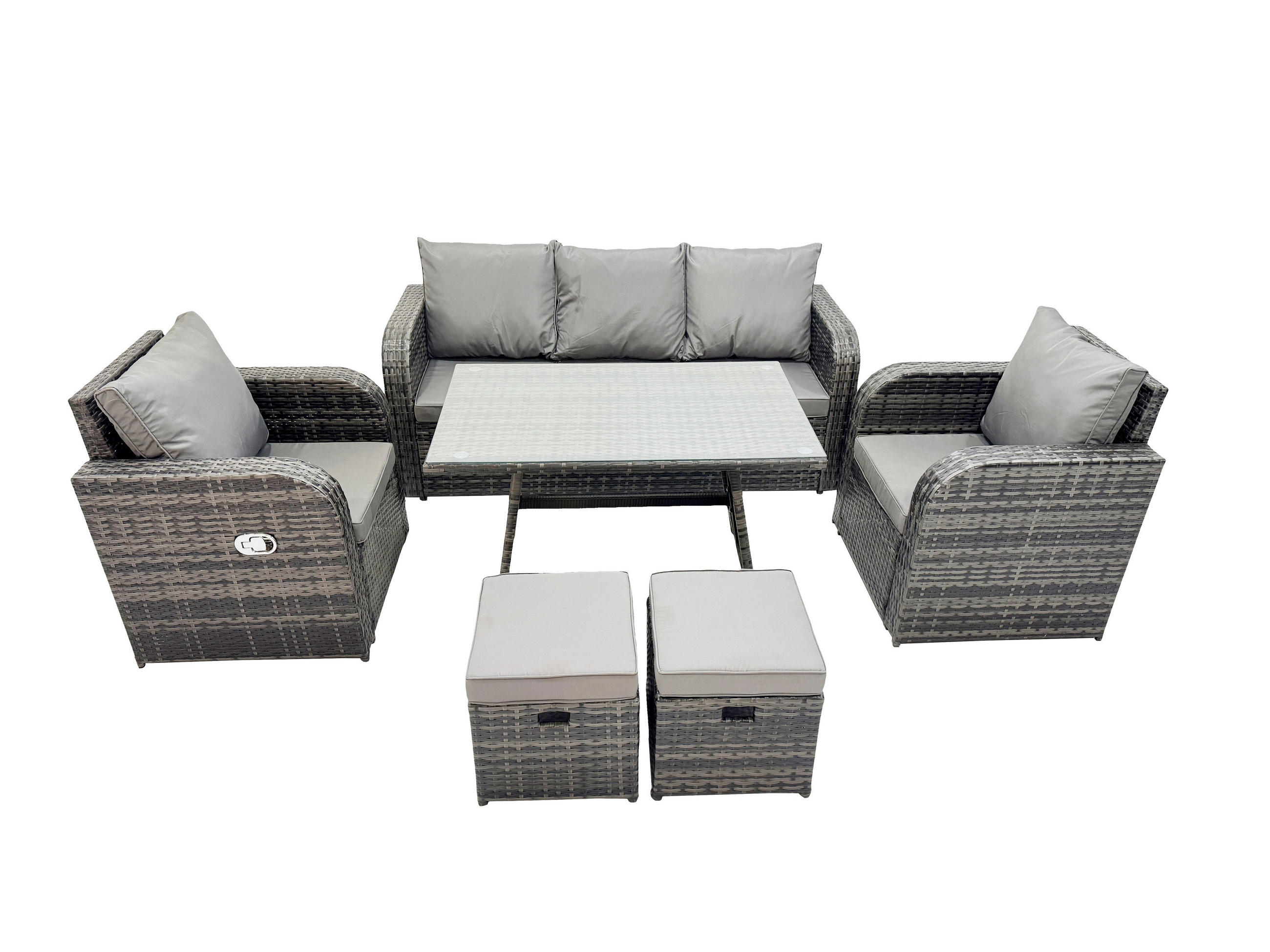 GARTENMÖBEL SET PE Polyrattan 7-Sitzer Grau - Dunkelgrau/Grau, Glas/Kunststoff - Fimous