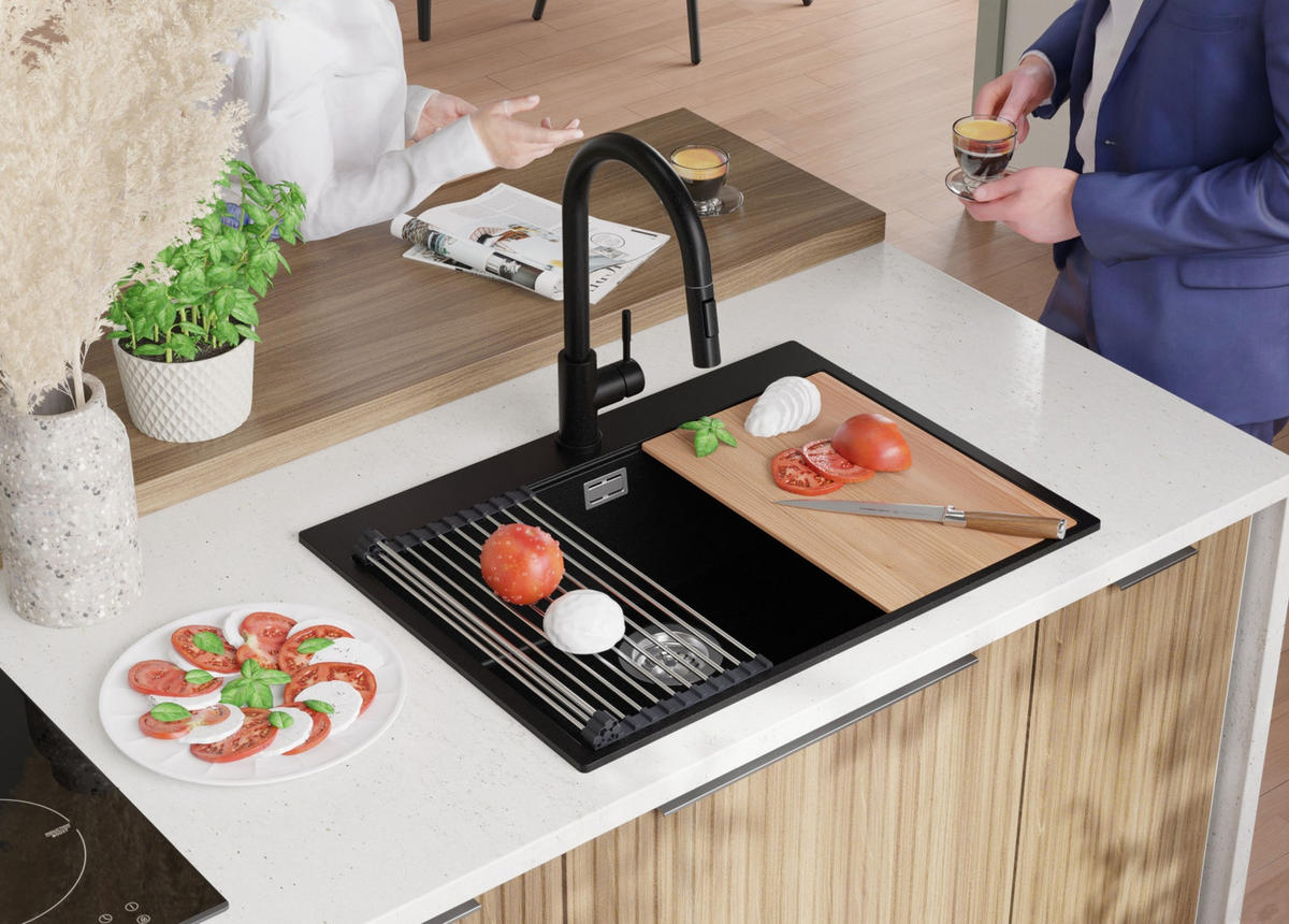 GRANITSPÜLE Oslo, 2-er set Schwarz 68/50 cm 1 Becken + Küchenarmatur 40/38 cm + Ablauf-Set + Schneidebrett ab 70er Unterschrank - Chromfarben/Beige, Kunststoff (68/20/50cm) - Primagran