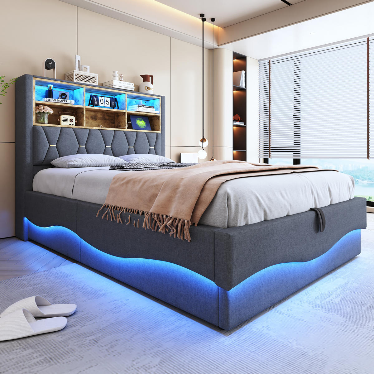 POLSTERBETT 140/200 cm Grau mit hydraulischem Stauraum und LED-Beleuchtung - Grau, Metall (140/200cm) - OKWISH