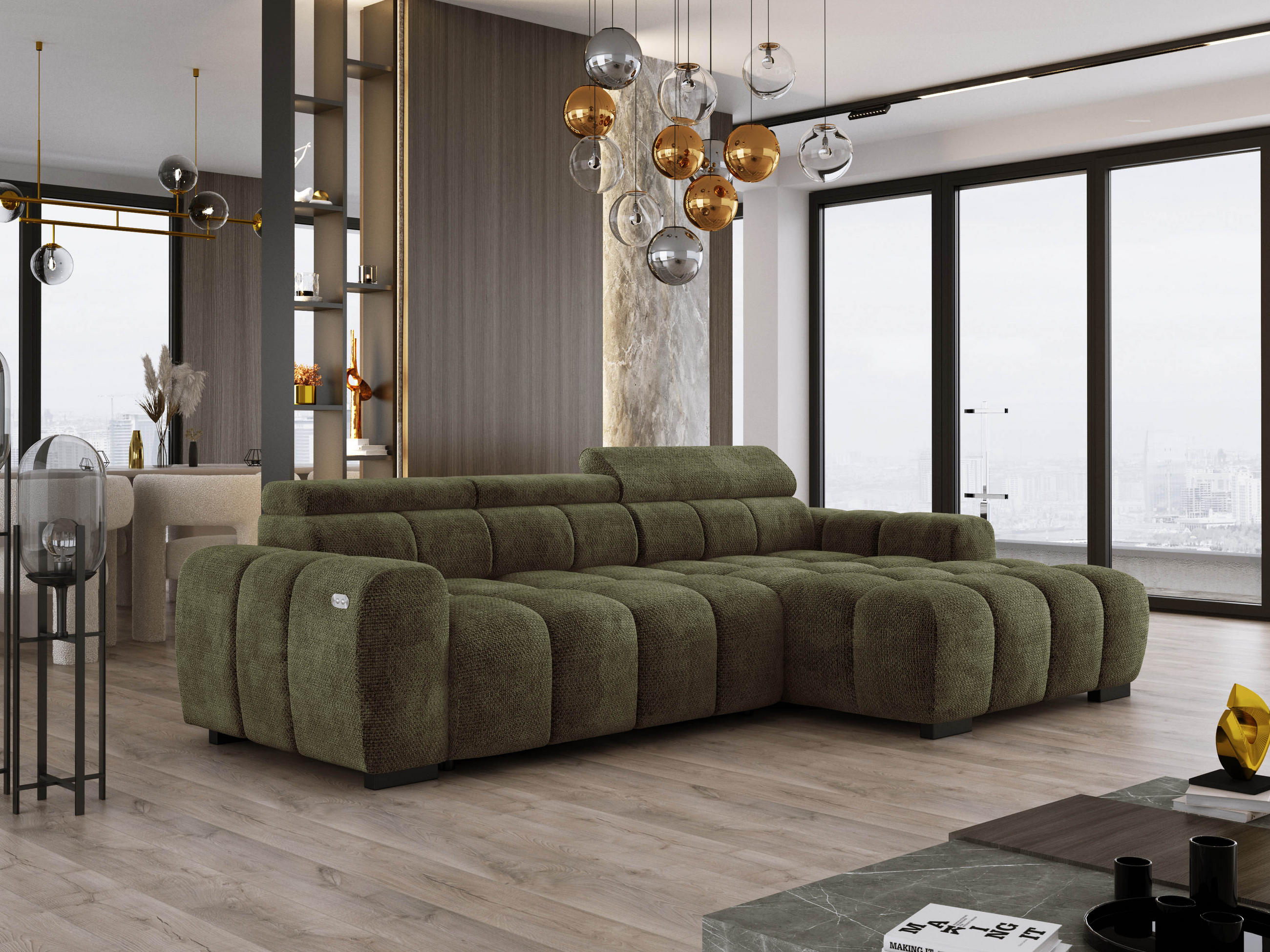 ECKSOFA OMBO 285x168x77/97 cm, Rechts, Schlaffunktion, elektr. Sitz, Kopfstützen, hydrophober EDEN-Stoff – Olivgrün - Olivgrün, Holz/Textil (285/168cm) - DomoHome