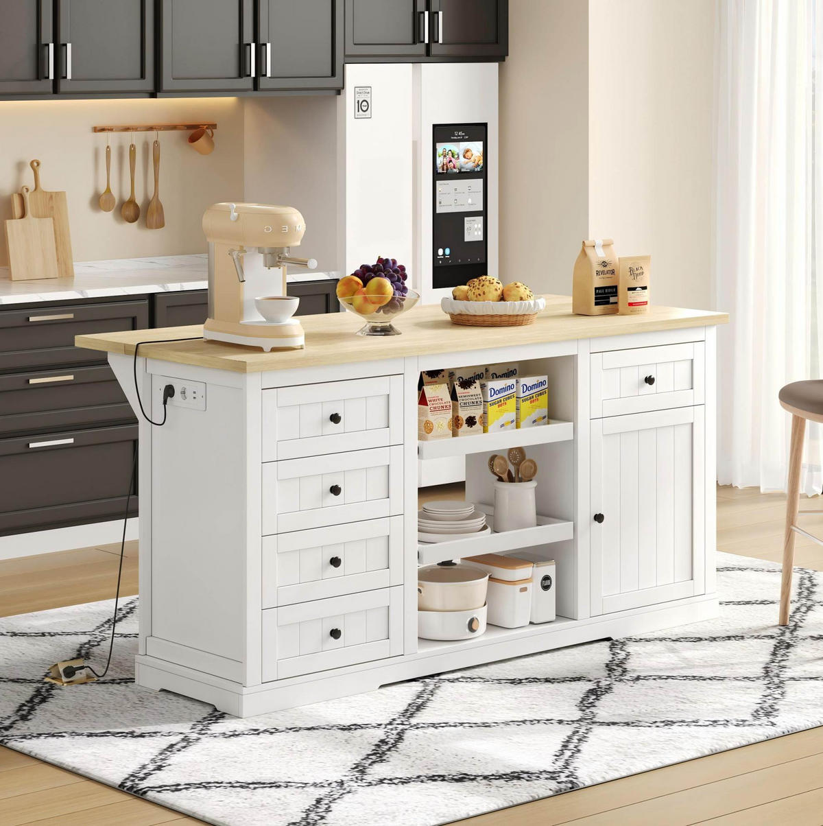 SIDEBOARD mit 5 Schubladen, 2 Ausziehböden und klappbarer Erweiterungsplatte, integrierte Steckdosen, 150/65/75 cm, Weiß und Natur - Weiß, Holzwerkstoff (150/75/65cm) - Redom
