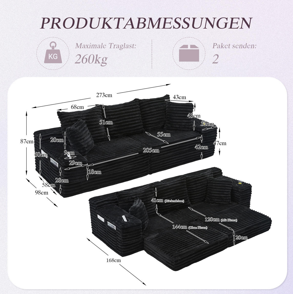 SOFA mit Schlaffunktion 273 x 98 x 87 cm Cord Black - Schwarz, Kunststoff (38.58/34.25/107.48cm) - Meubliv
